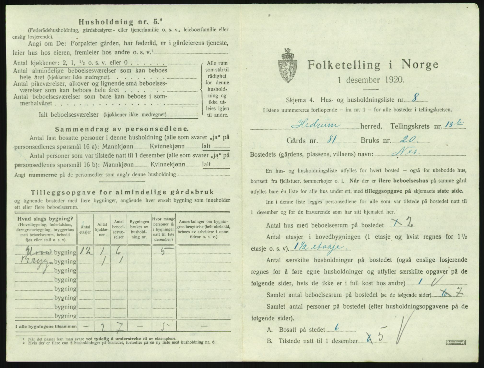 SAKO, 1920 census for Hedrum, 1920, p. 1217