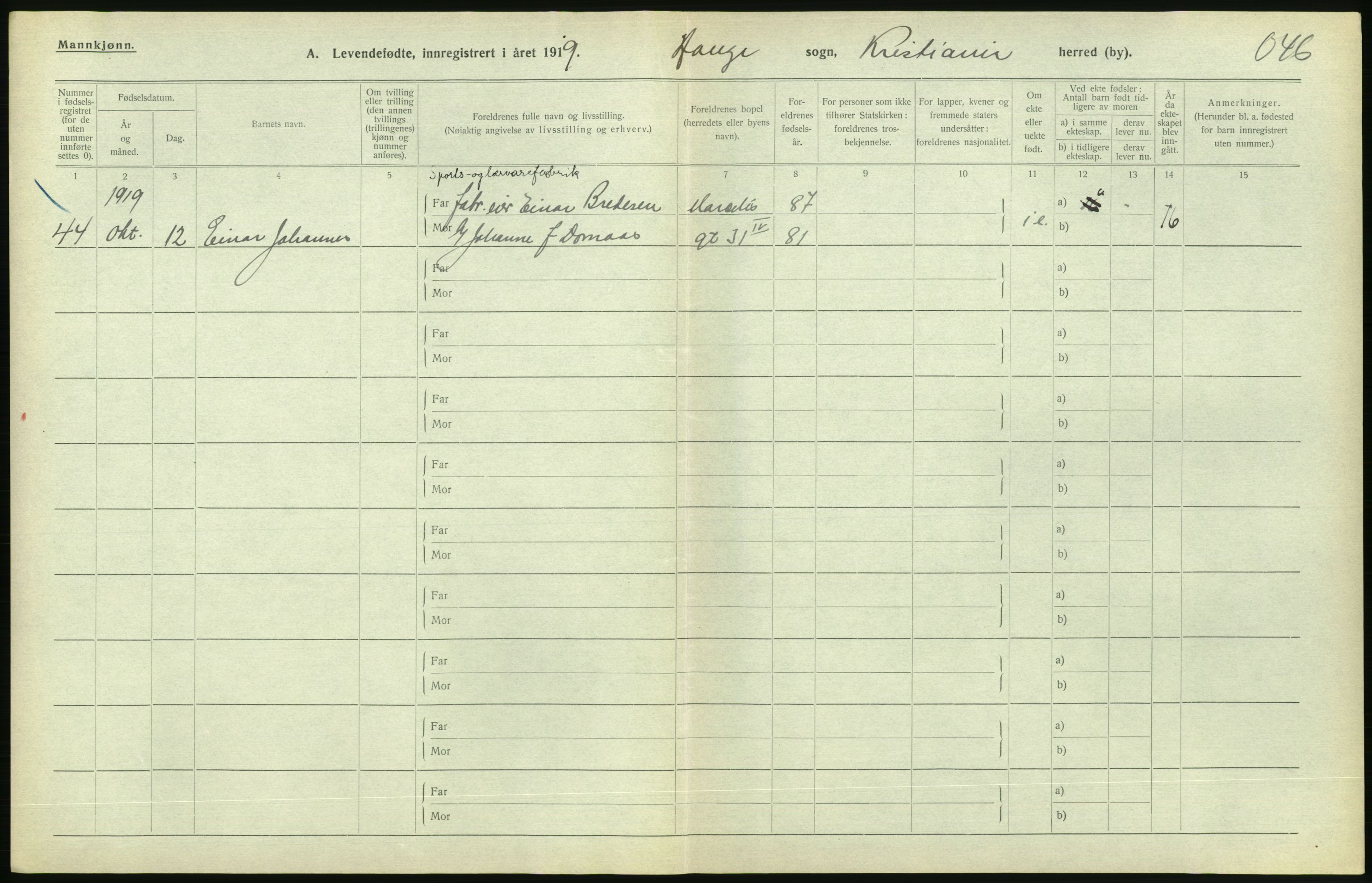 Statistisk sentralbyrå, Sosiodemografiske emner, Befolkning, AV/RA-S-2228/D/Df/Dfb/Dfbi/L0008: Kristiania: Levendefødte menn og kvinner., 1919