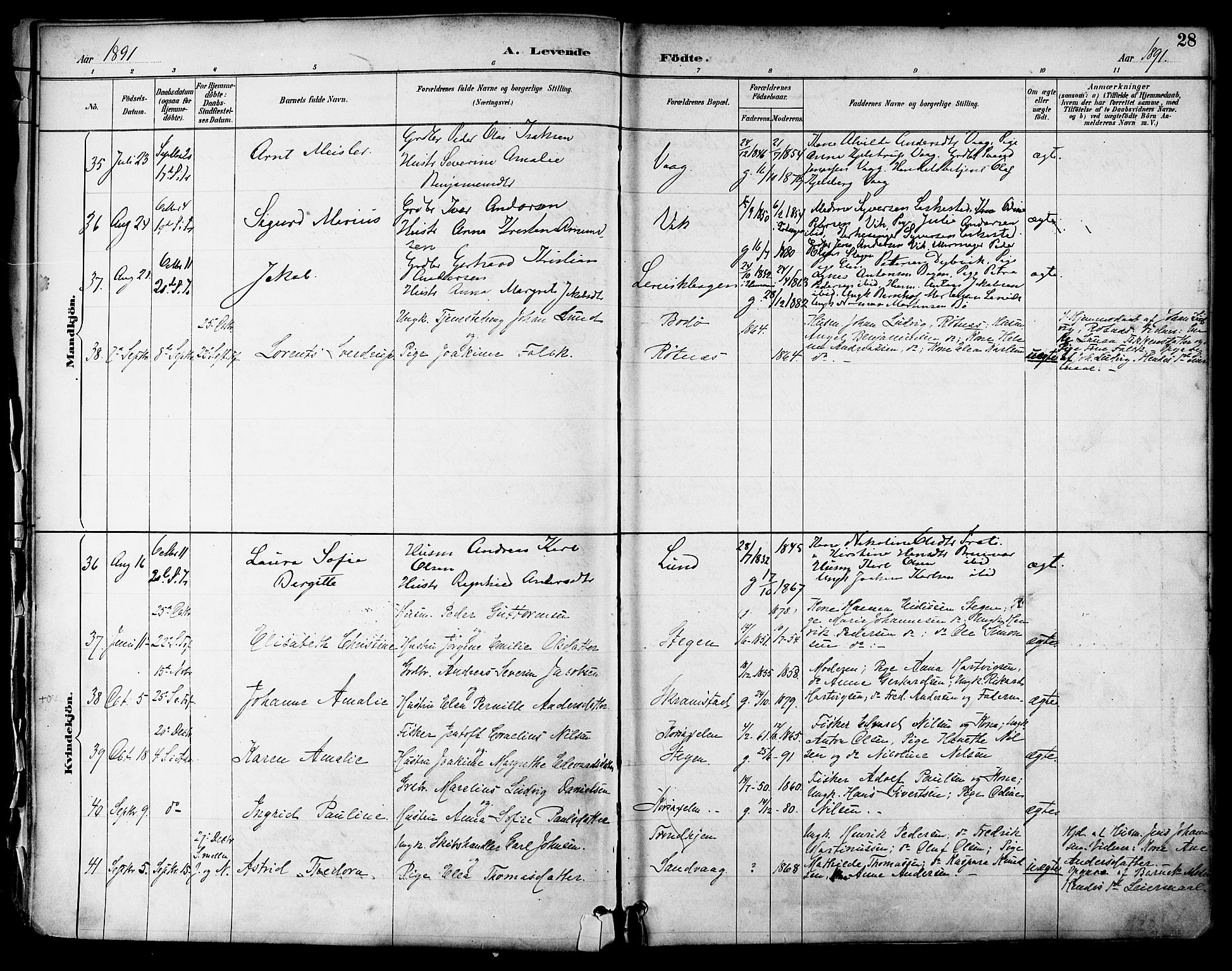 Ministerialprotokoller, klokkerbøker og fødselsregistre - Nordland, AV/SAT-A-1459/855/L0803: Parish register (official) no. 855A11, 1887-1905, p. 28