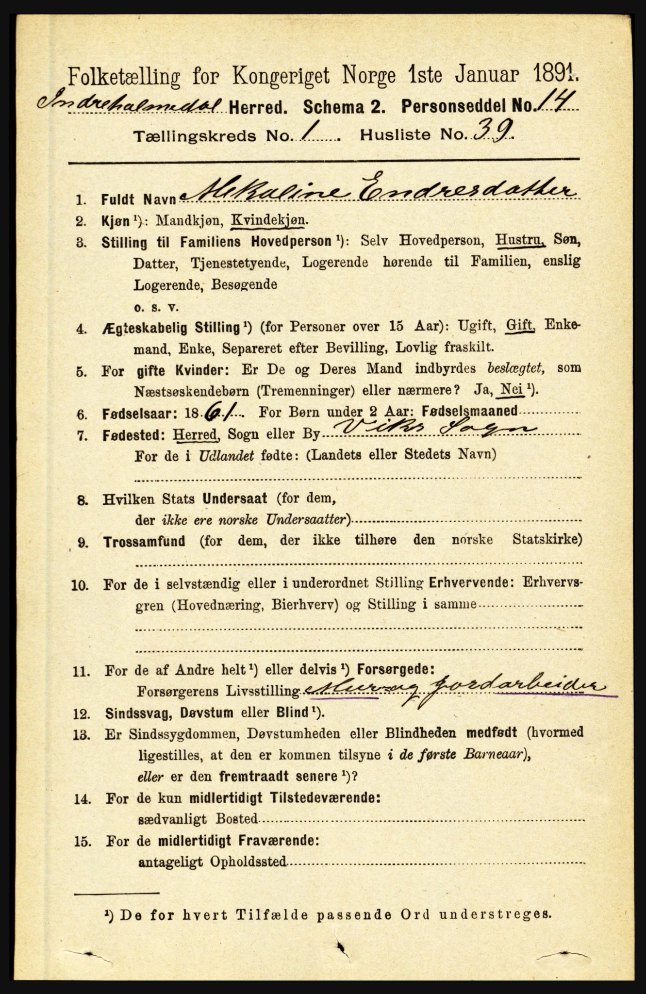 RA, 1891 census for 1430 Indre Holmedal, 1891, p. 366