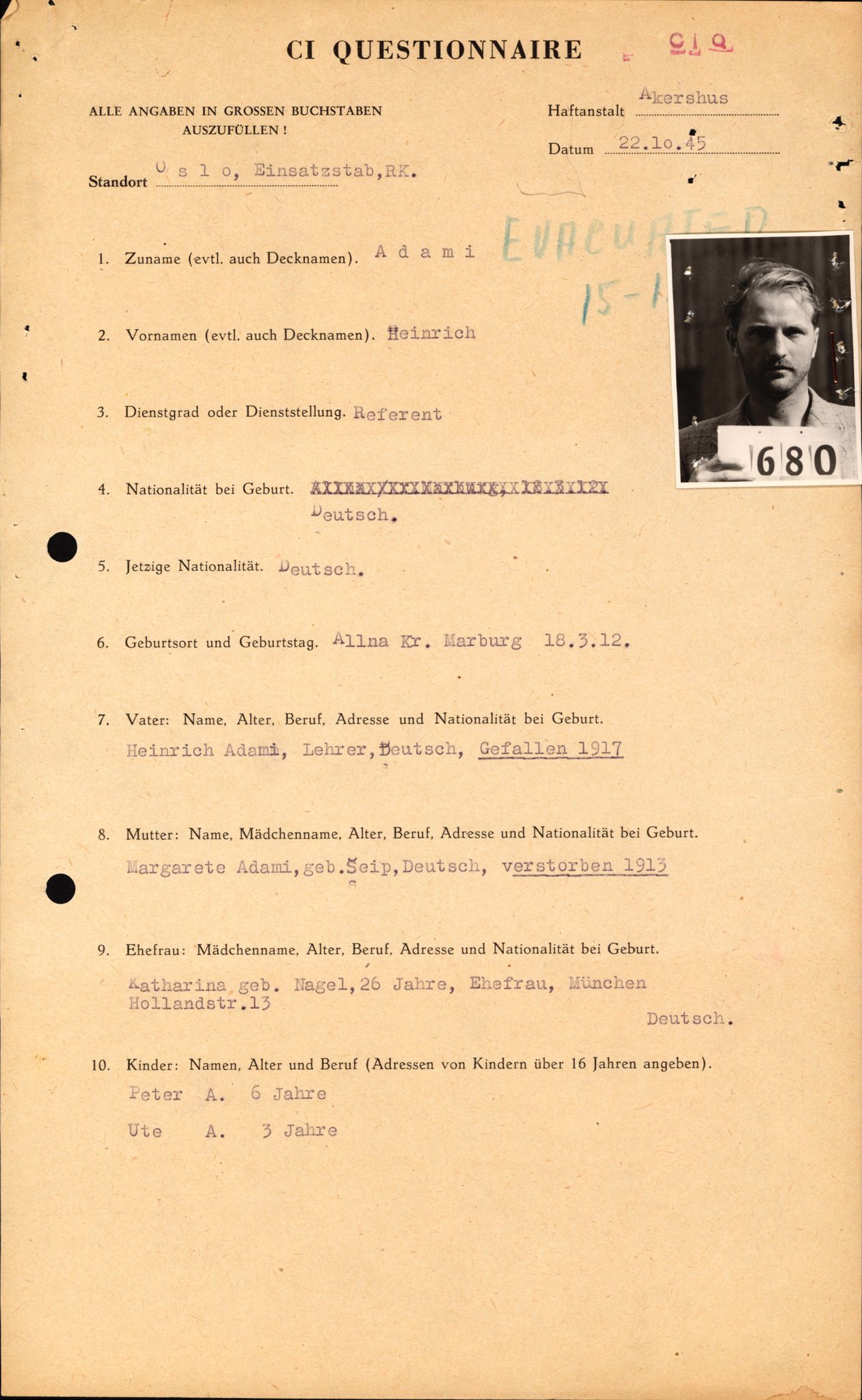 Forsvaret, Forsvarets overkommando II, AV/RA-RAFA-3915/D/Db/L0001: CI Questionaires. Tyske okkupasjonsstyrker i Norge. Tyskere., 1945-1946, p. 79