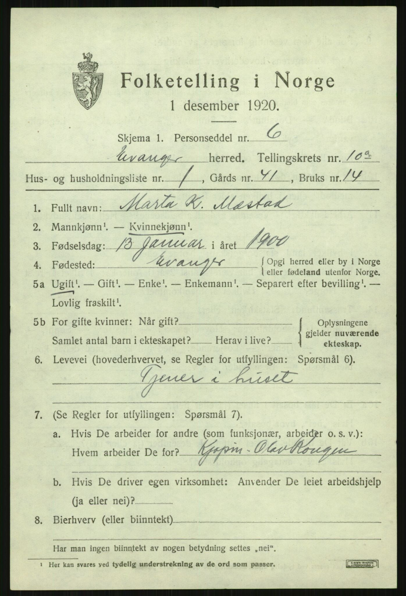 SAB, 1920 census for Evanger, 1920, p. 3033