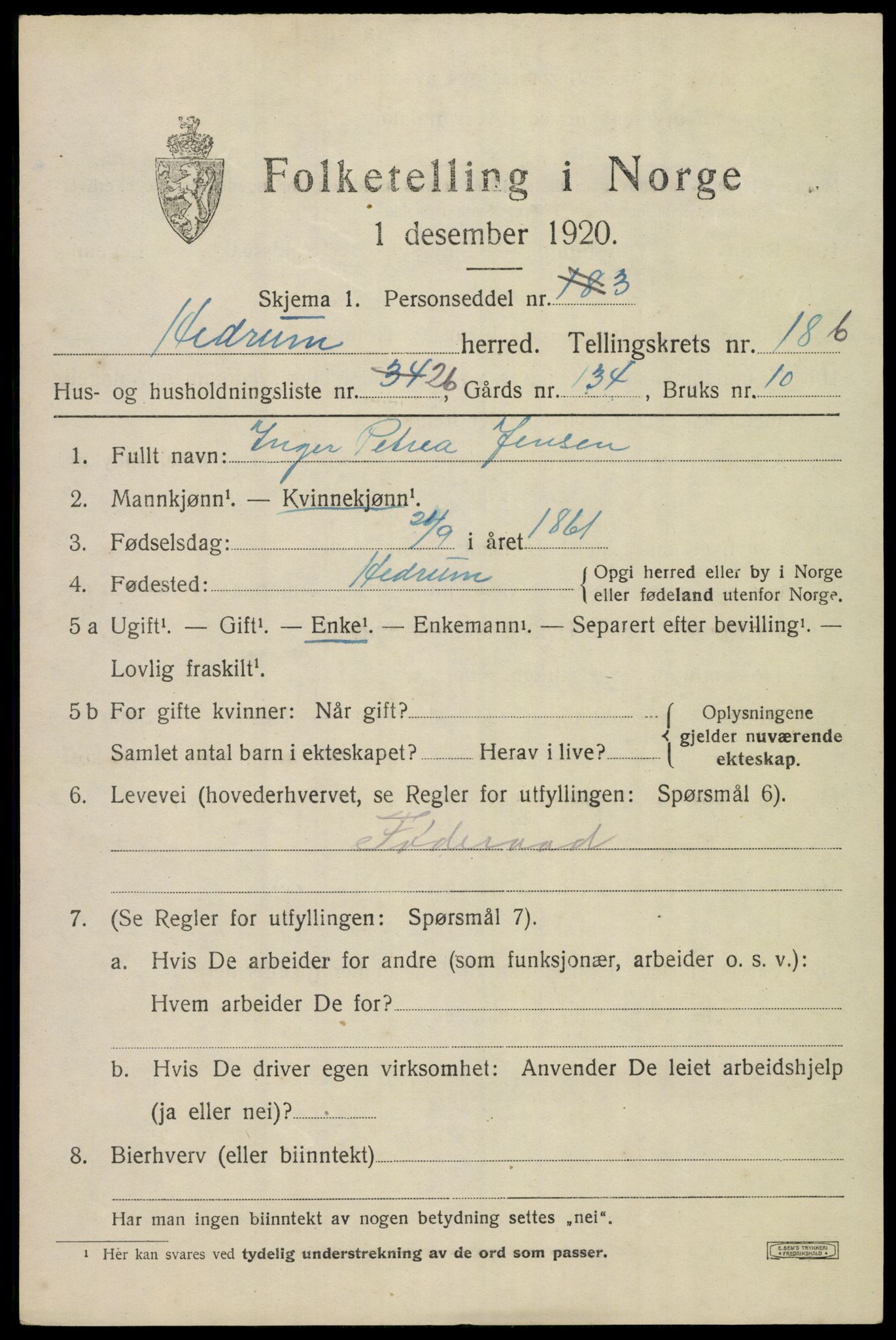 SAKO, 1920 census for Hedrum, 1920, p. 11299