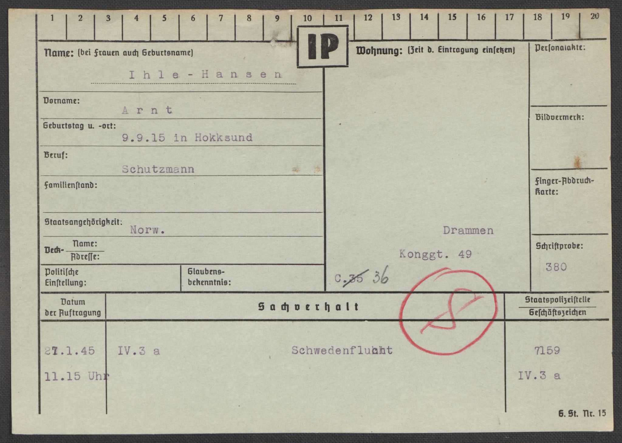 Befehlshaber der Sicherheitspolizei und des SD, RA/RAFA-5969/E/Ea/Eaa/L0005: Register over norske fanger i Møllergata 19: Hø-Kj, 1940-1945, p. 114