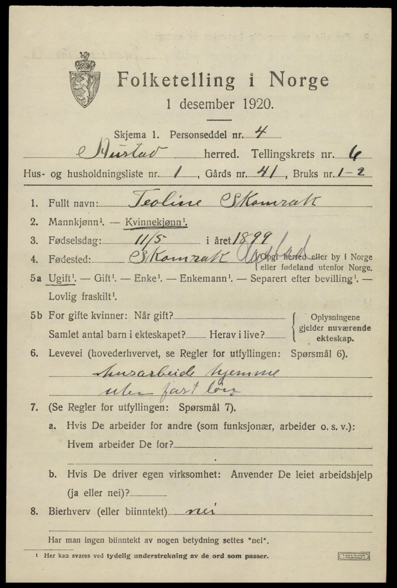 SAK, 1920 census for Austad, 1920, p. 1881