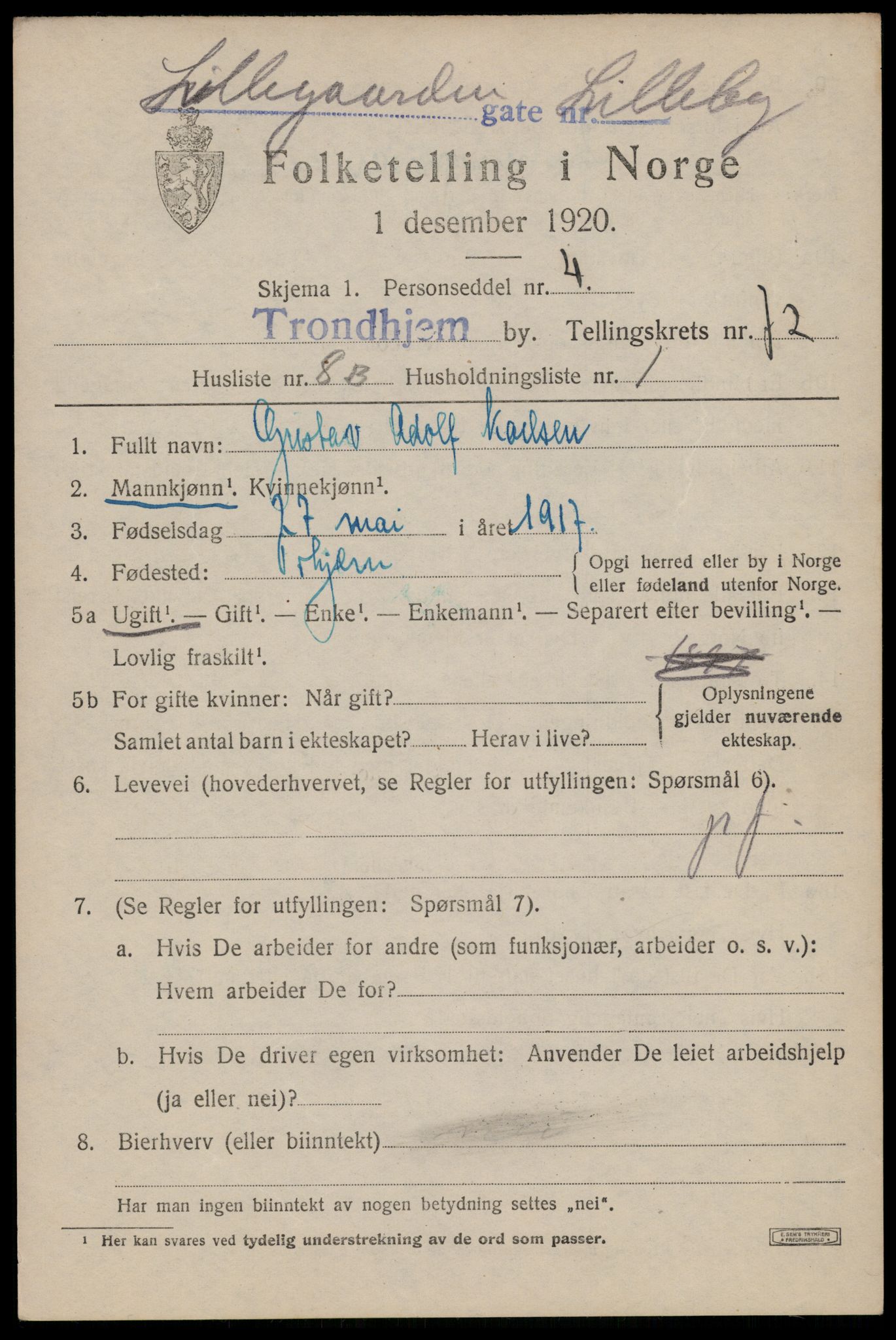 SAT, 1920 census for Trondheim, 1920, p. 141270