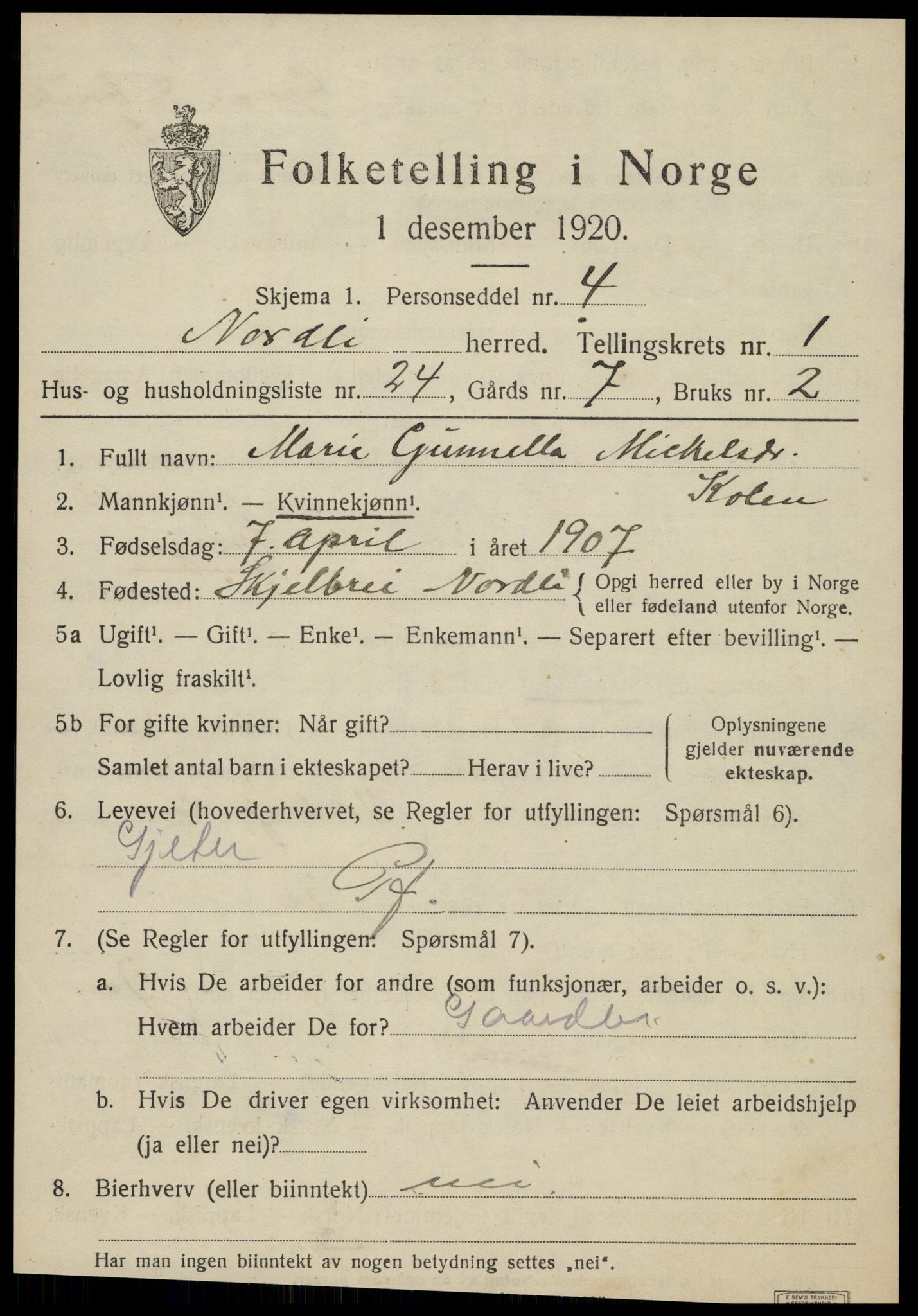 SAT, 1920 census for Nordli, 1920, p. 707