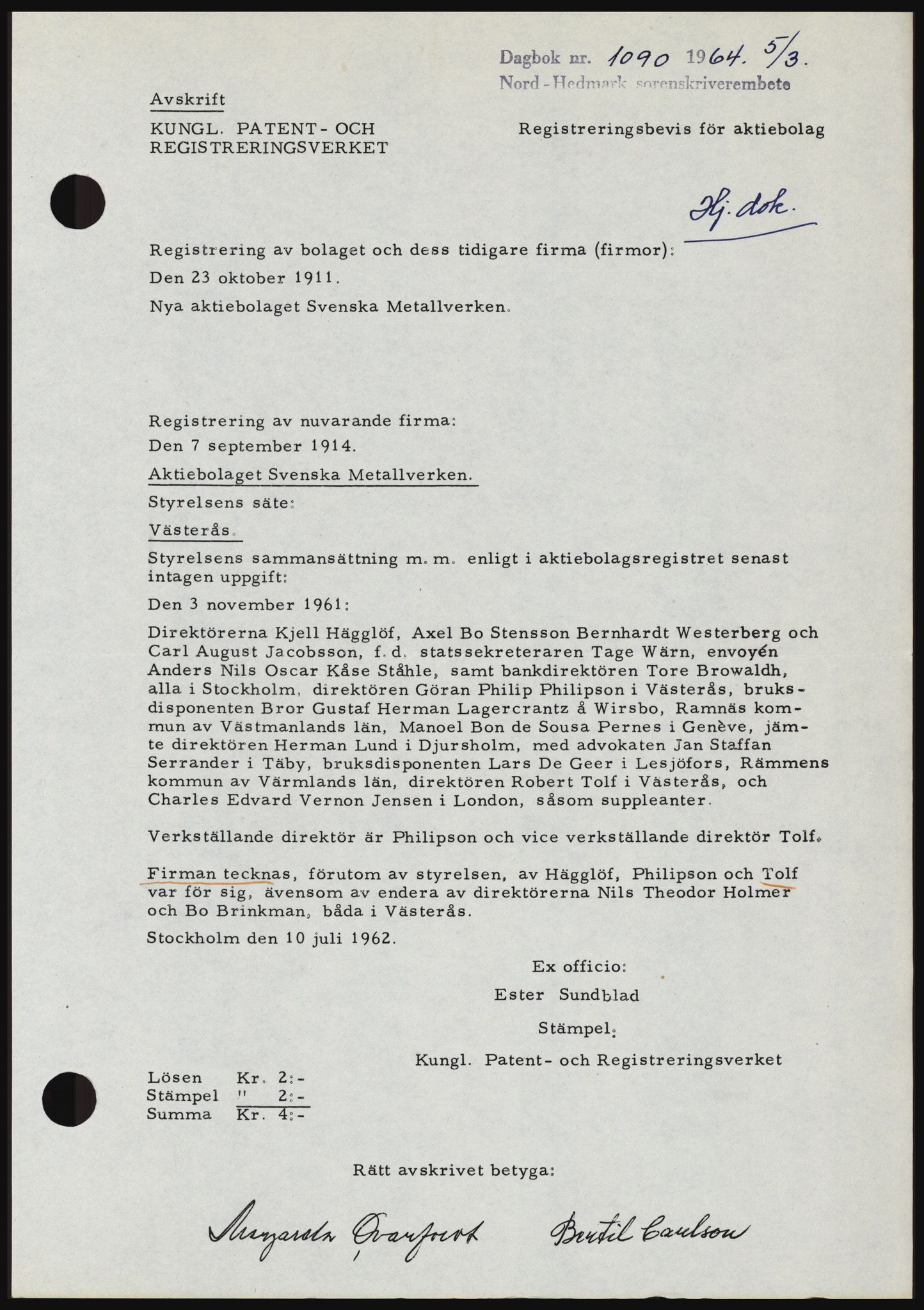 Nord-Hedmark sorenskriveri, AV/SAH-TING-012/H/Hc/L0019: Mortgage book no. 19, 1963-1964, Diary no: : 1090/1964