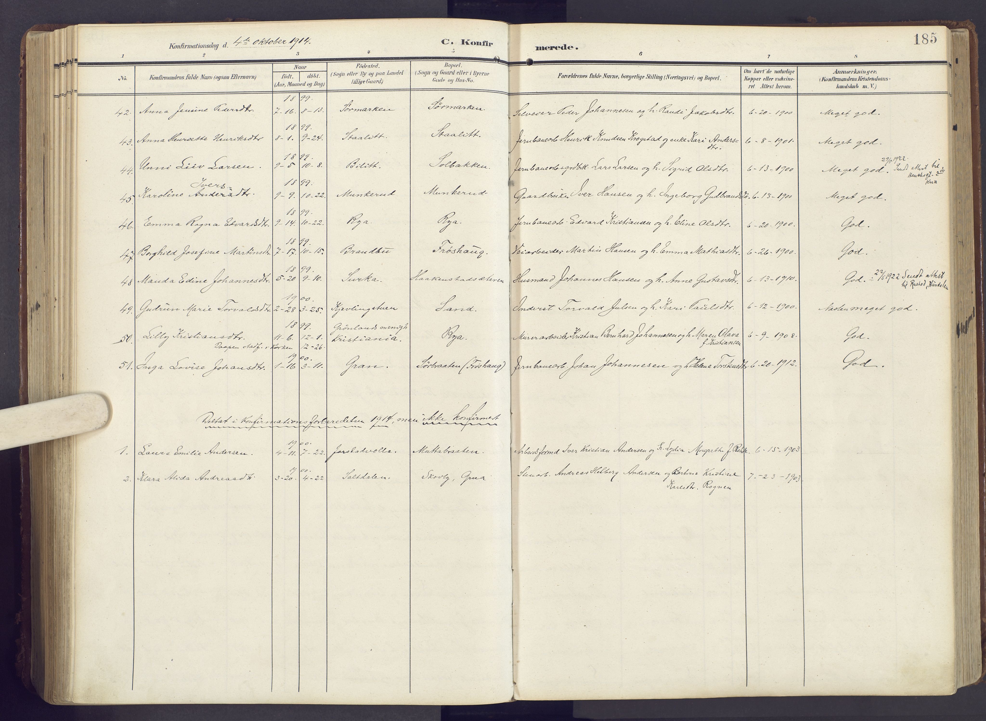 Lunner prestekontor, AV/SAH-PREST-118/H/Ha/Haa/L0001: Parish register (official) no. 1, 1907-1922, p. 185