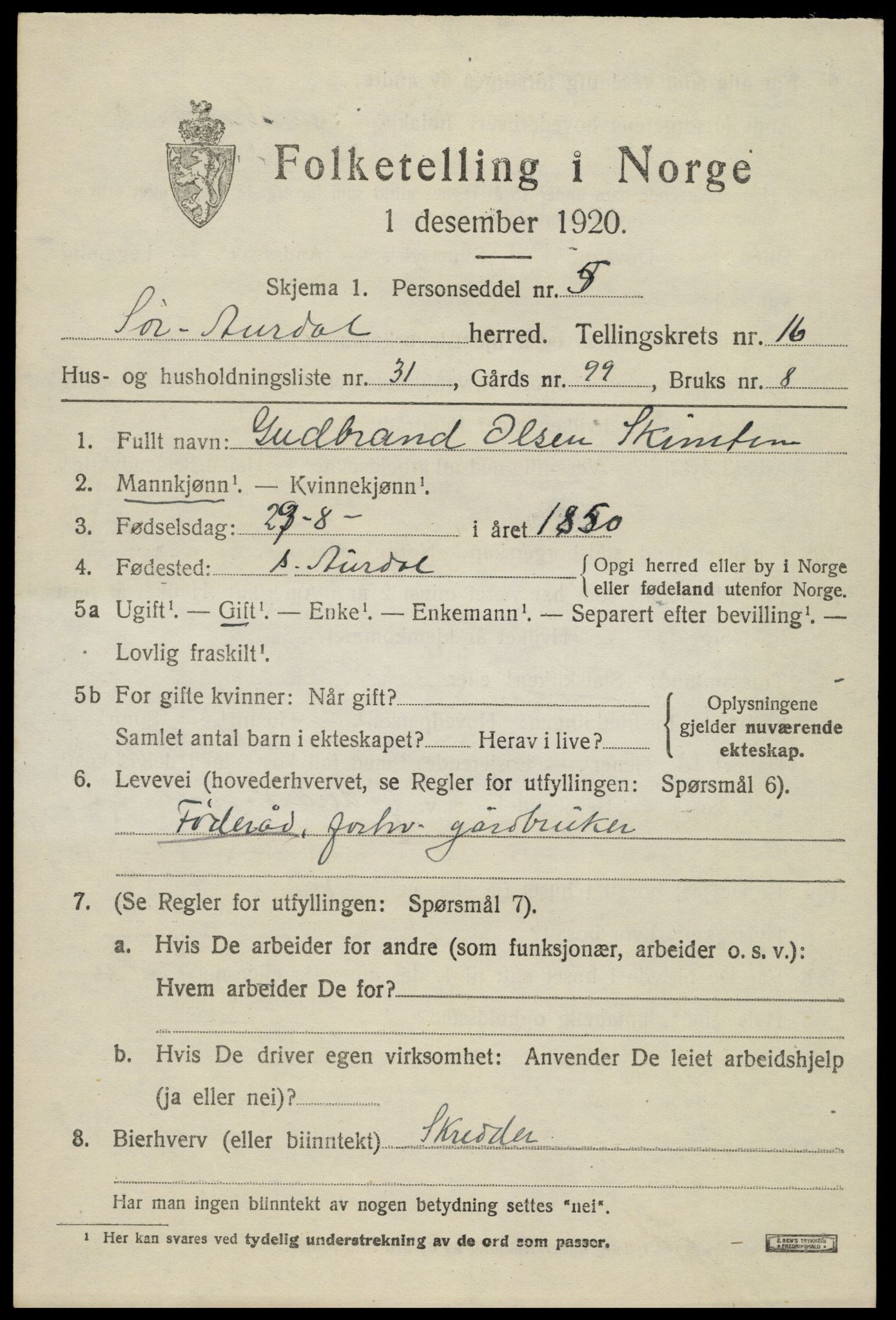 SAH, 1920 census for Sør-Aurdal, 1920, p. 9603