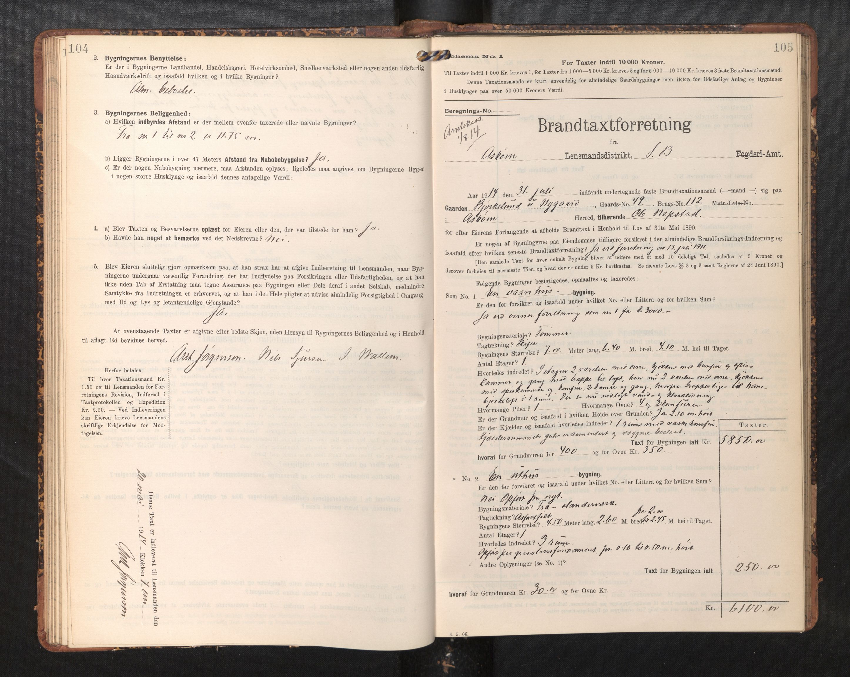 Lensmannen i Askøy, AV/SAB-A-31001/0012/L0006: Branntakstprotokoll, skjematakst, Laksevåg, 1907-1917, p. 104-105