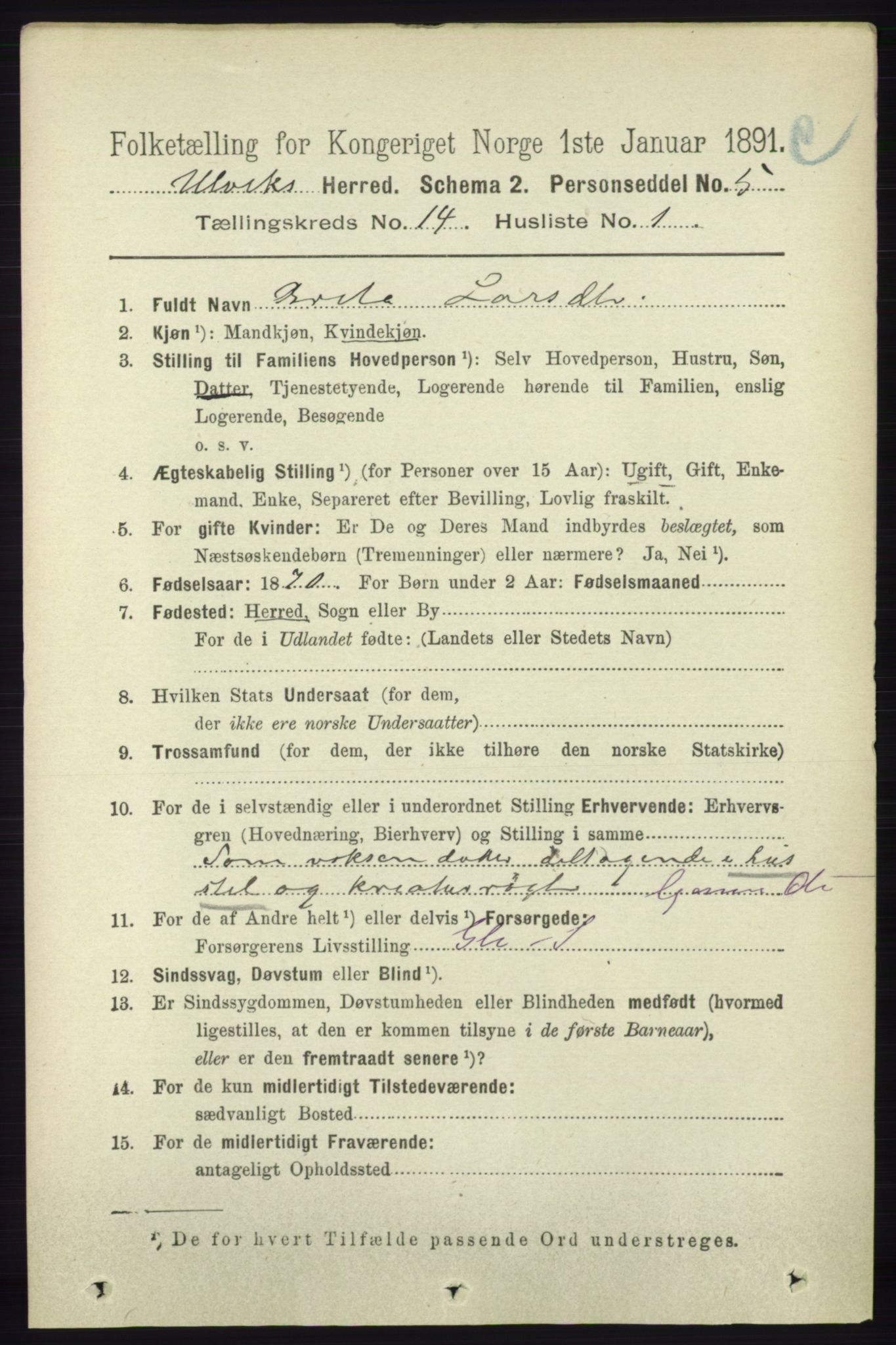 RA, 1891 census for 1233 Ulvik, 1891, p. 4279