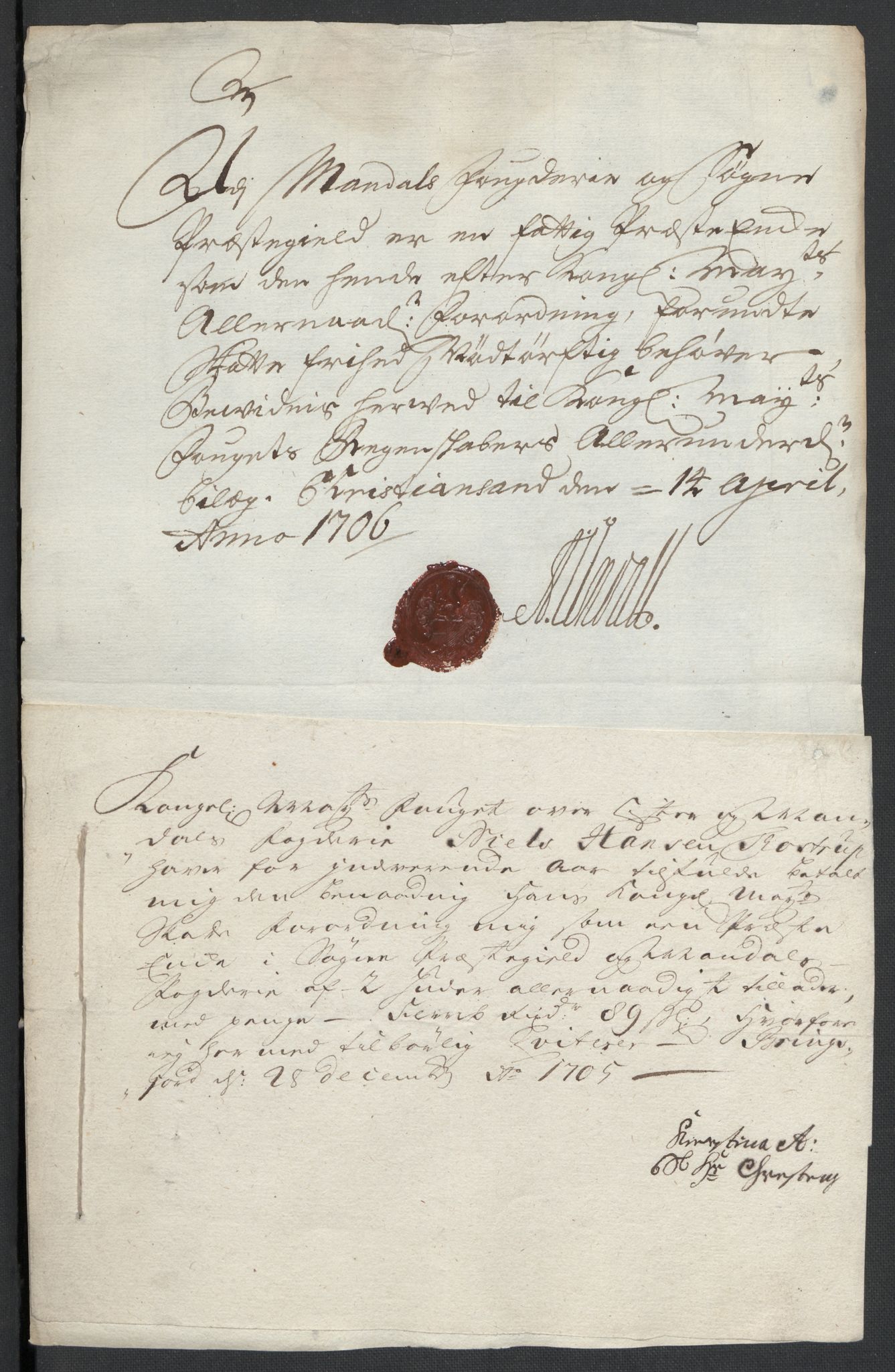 Rentekammeret inntil 1814, Reviderte regnskaper, Fogderegnskap, RA/EA-4092/R43/L2551: Fogderegnskap Lista og Mandal, 1705-1709, p. 106