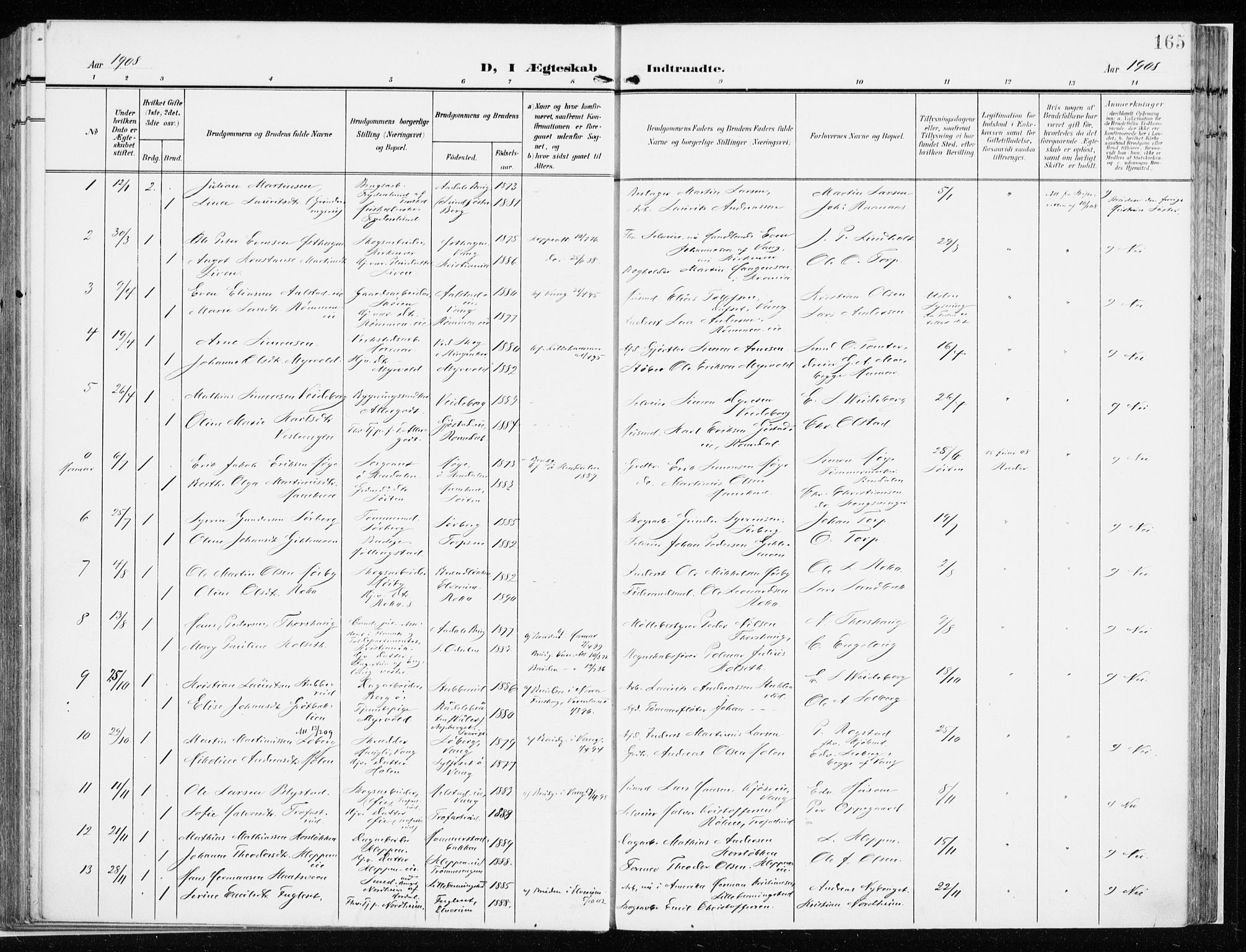 Løten prestekontor, SAH/PREST-022/K/Ka/L0011: Parish register (official) no. 11, 1908-1917, p. 165