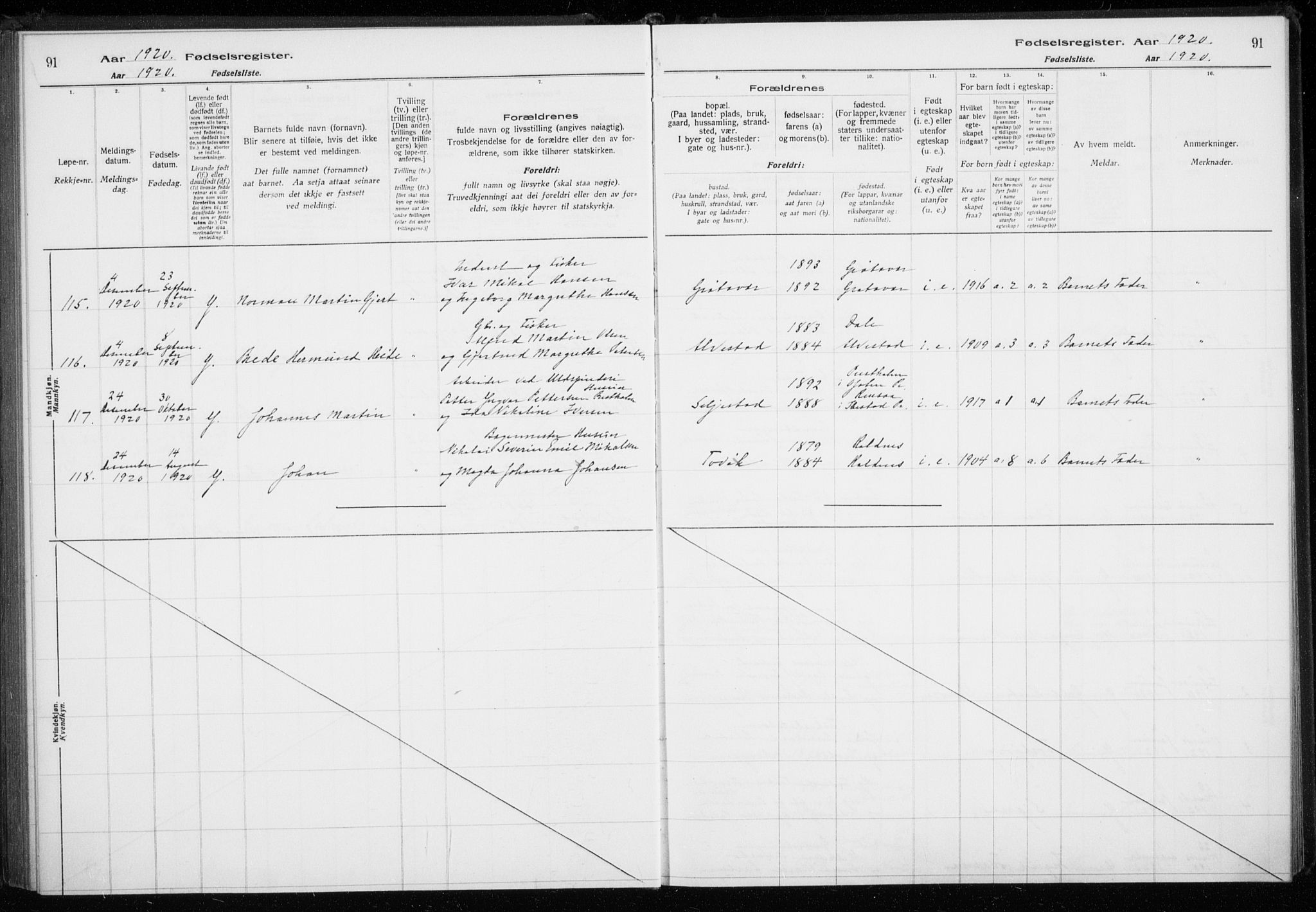 Trondenes sokneprestkontor, AV/SATØ-S-1319/I/Ia/L0089: Birth register no. 89, 1916-1925, p. 91