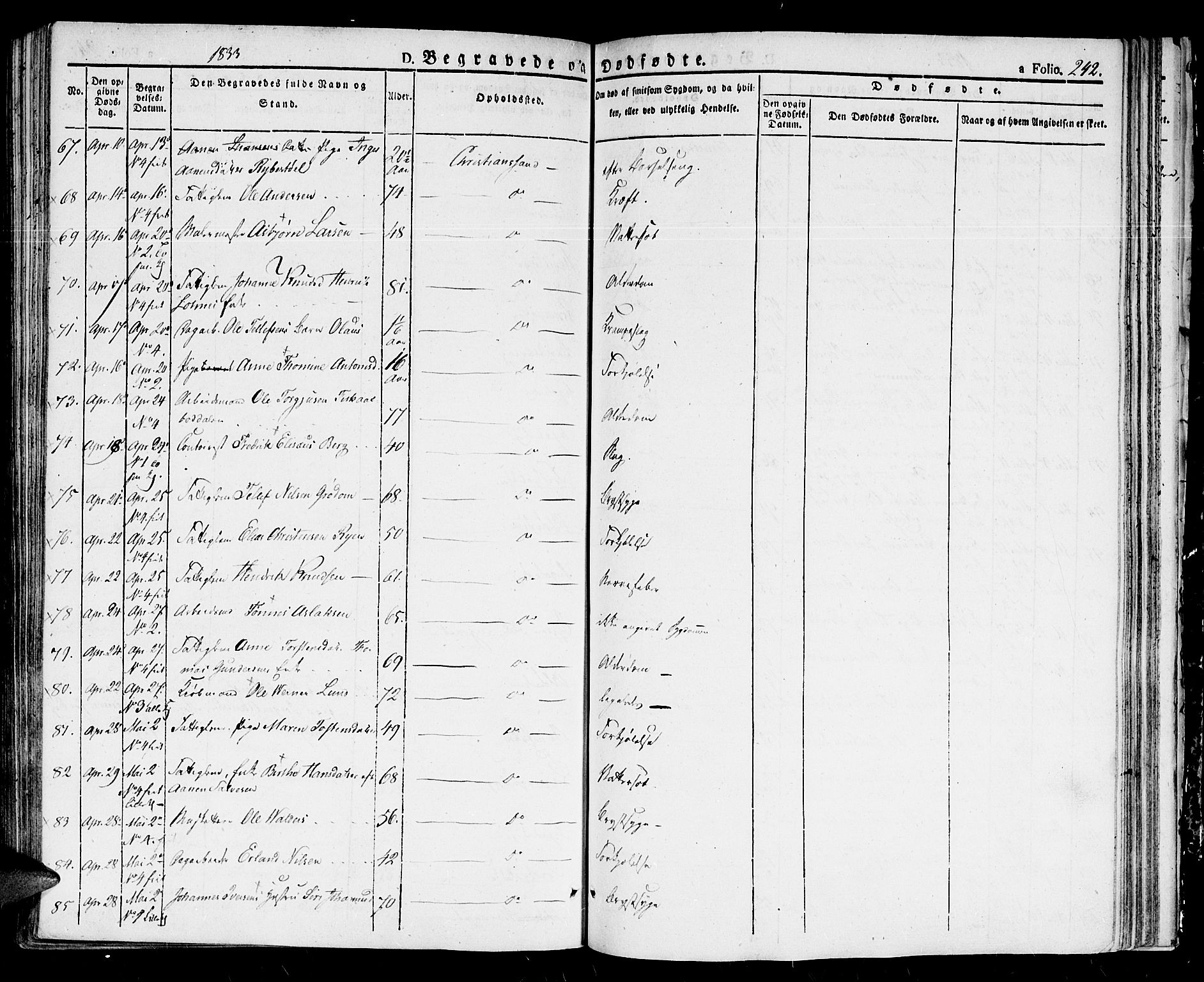 Kristiansand domprosti, SAK/1112-0006/F/Fb/L0007: Parish register (copy) no. B 7, 1829-1837, p. 242