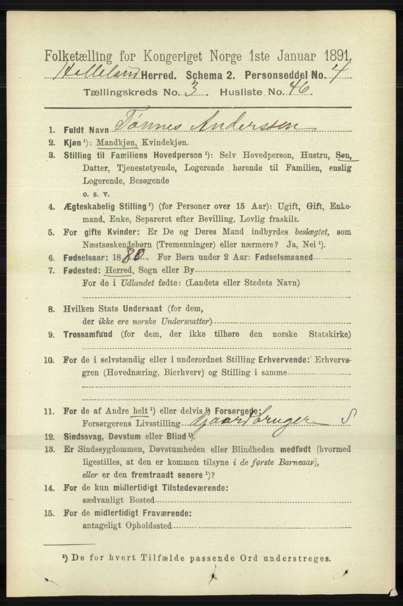 RA, 1891 census for 1115 Helleland, 1891, p. 1098