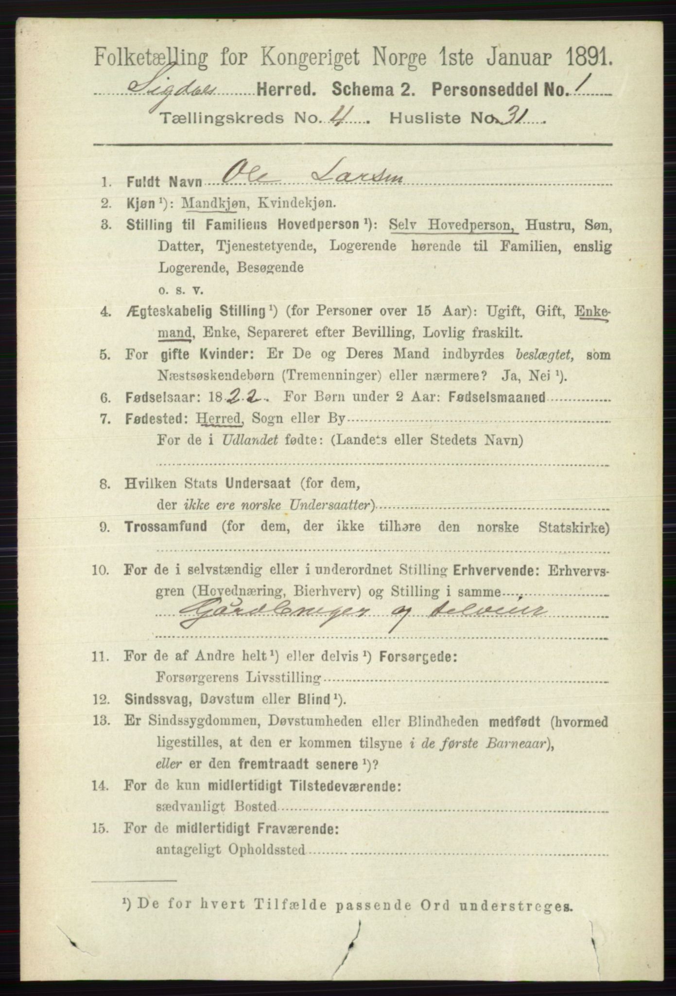 RA, 1891 census for 0621 Sigdal, 1891, p. 1834