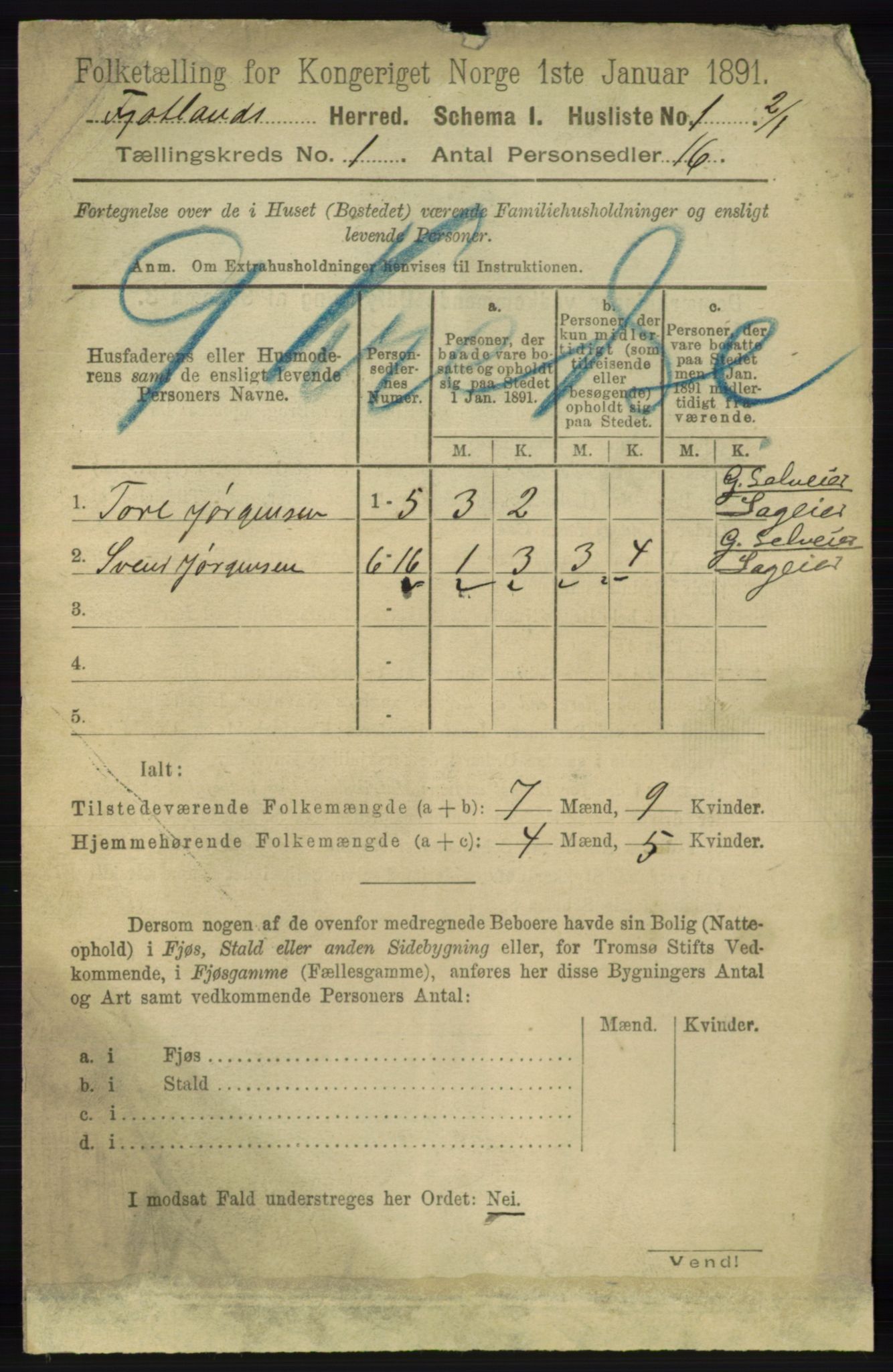 RA, 1891 census for 1036 Fjotland, 1891, p. 25