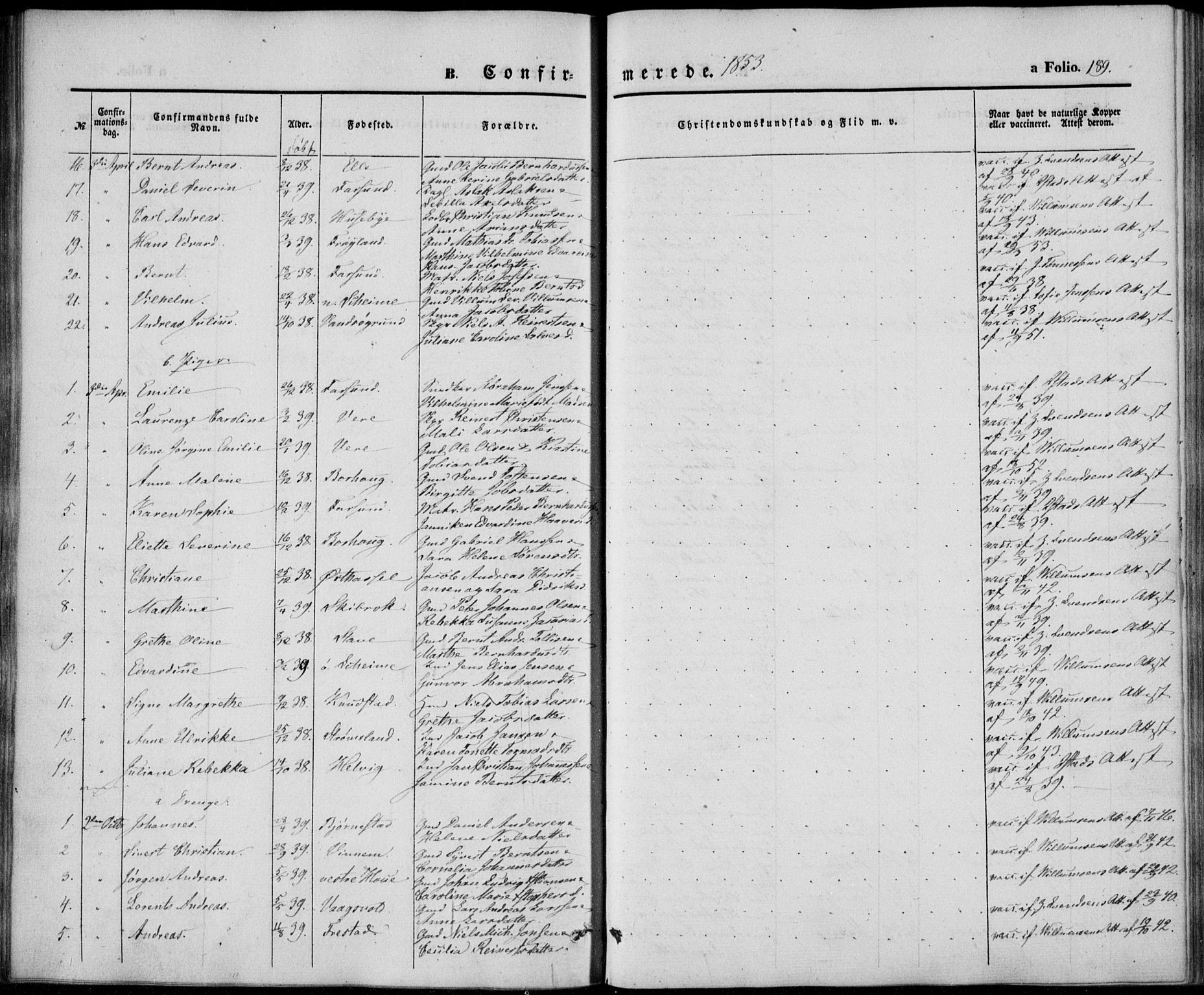 Lista sokneprestkontor, AV/SAK-1111-0027/F/Fb/L0002: Parish register (copy) no. B 2, 1847-1862, p. 189