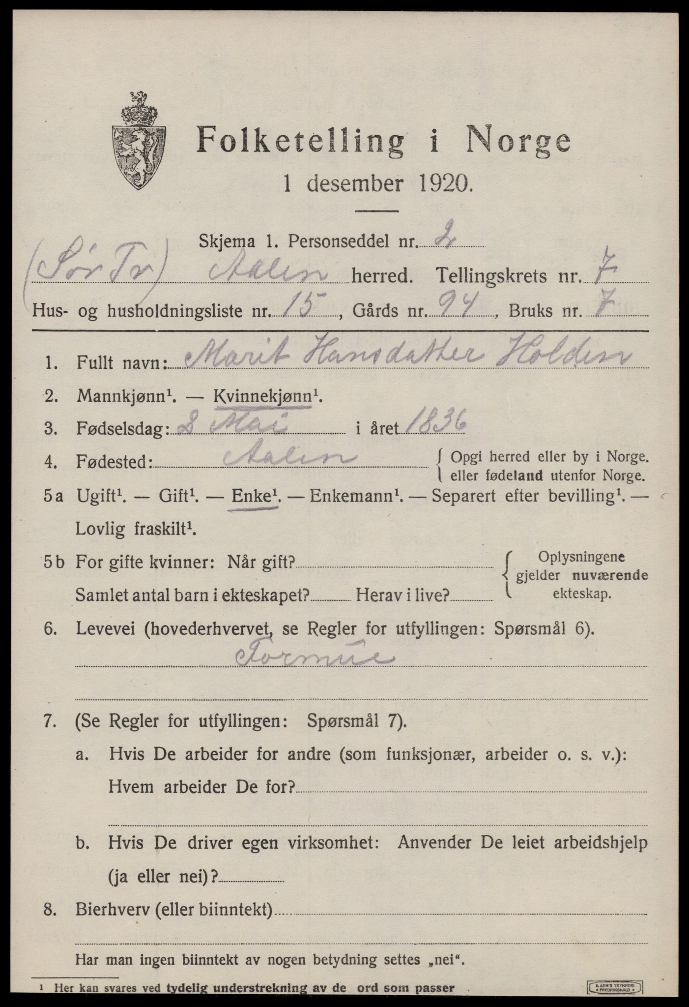 SAT, 1920 census for Ålen, 1920, p. 3586