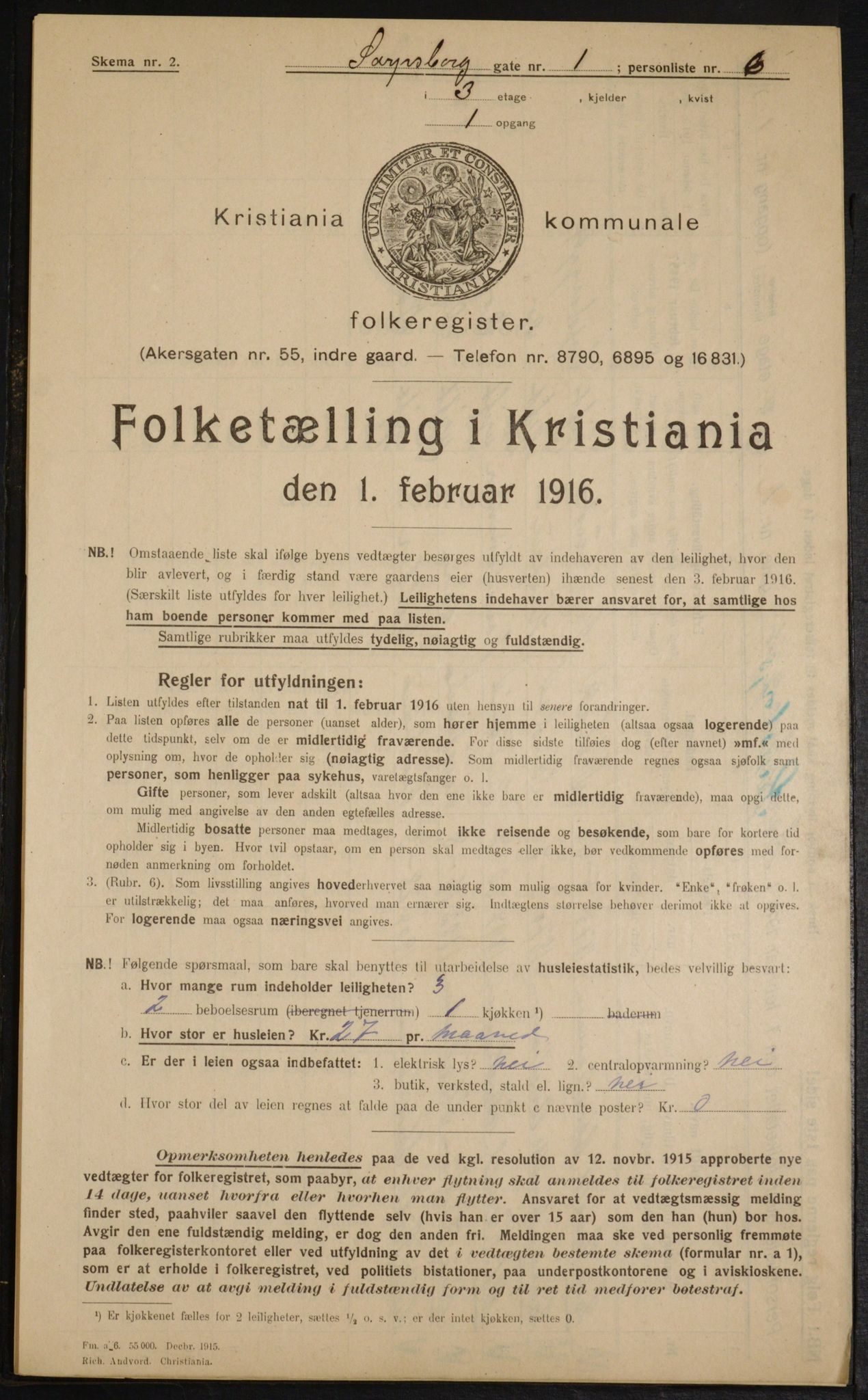 OBA, Municipal Census 1916 for Kristiania, 1916, p. 91309