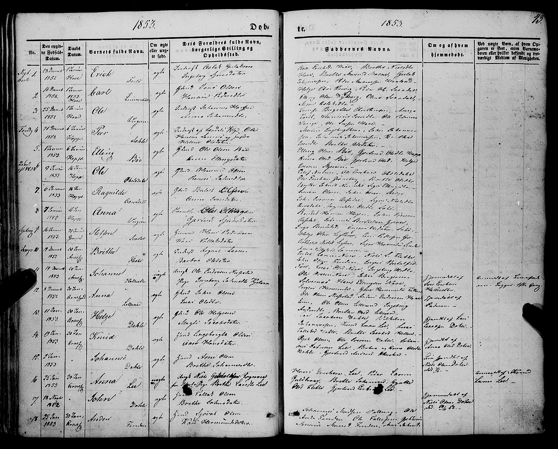 Vik sokneprestembete, SAB/A-81501: Parish register (official) no. A 8, 1846-1865, p. 43