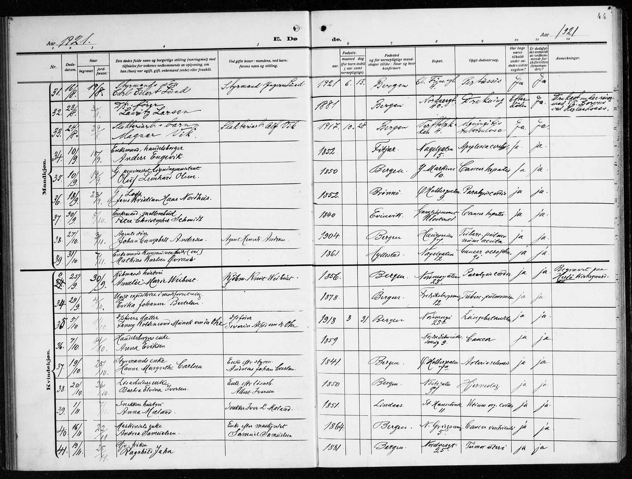 Nykirken Sokneprestembete, AV/SAB-A-77101/H/Haa/L0046: Parish register (official) no. E 6, 1918-1944, p. 44