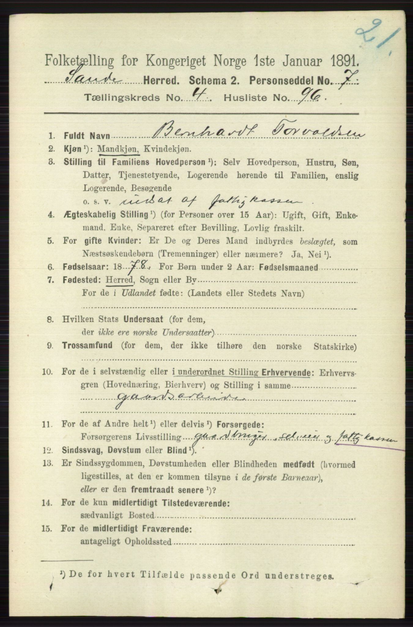 RA, 1891 census for 0713 Sande, 1891, p. 2052