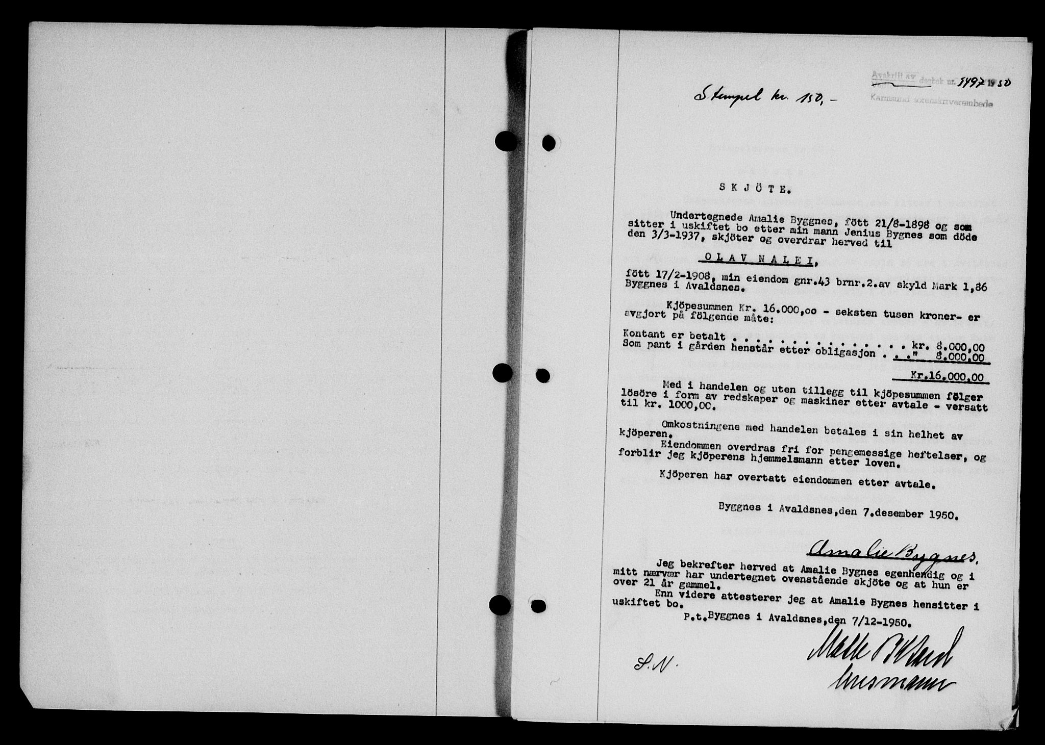 Karmsund sorenskriveri, SAST/A-100311/01/II/IIB/L0101: Mortgage book no. 81A, 1950-1951, Diary no: : 3497/1950