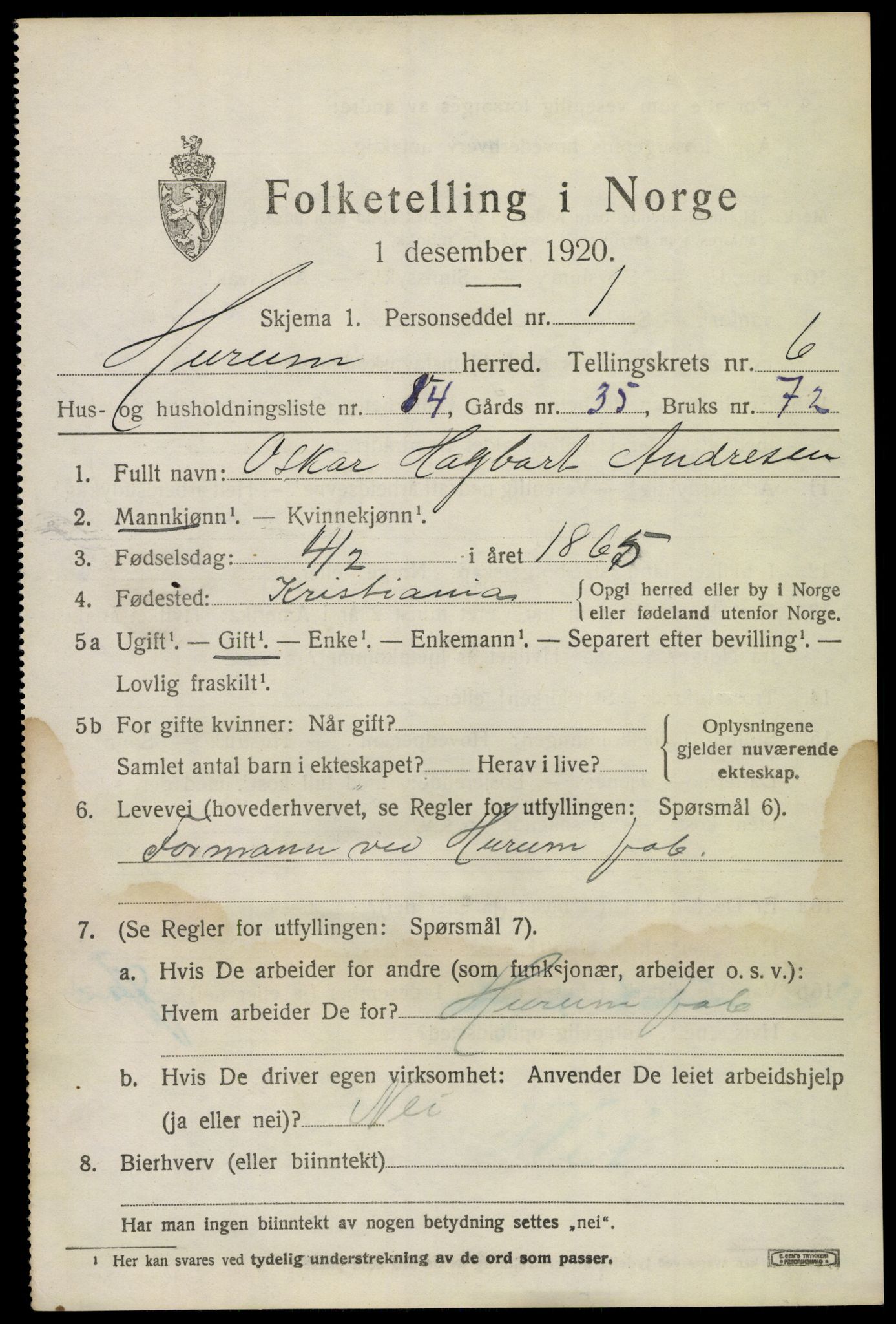 SAKO, 1920 census for Hurum, 1920, p. 7438