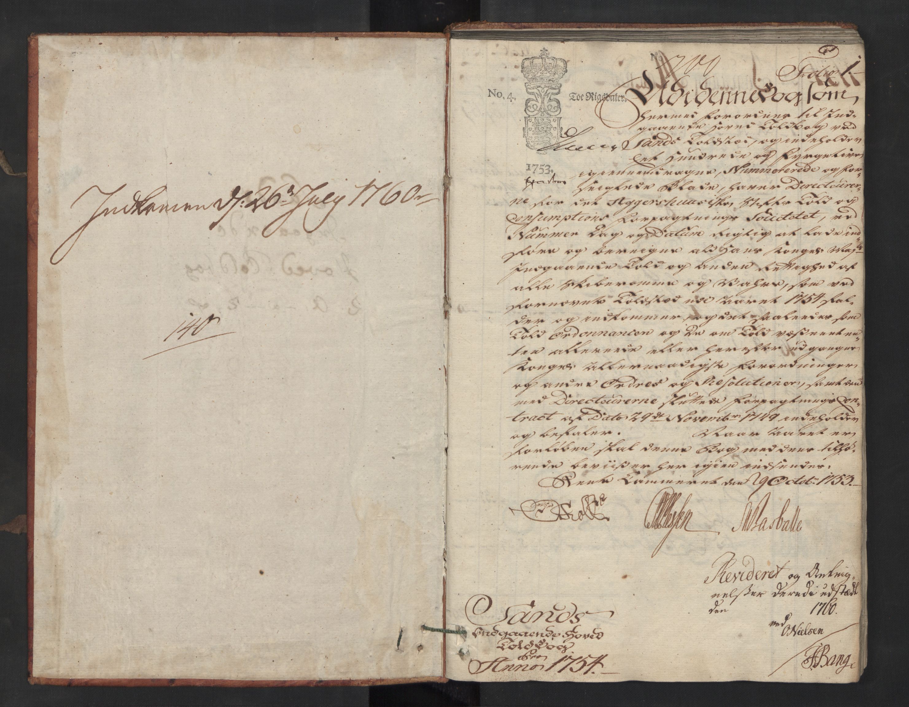 Generaltollkammeret, tollregnskaper, AV/RA-EA-5490/R07/L0014/0001: Tollregnskaper Sand / Inngående hovedtollbok, 1754