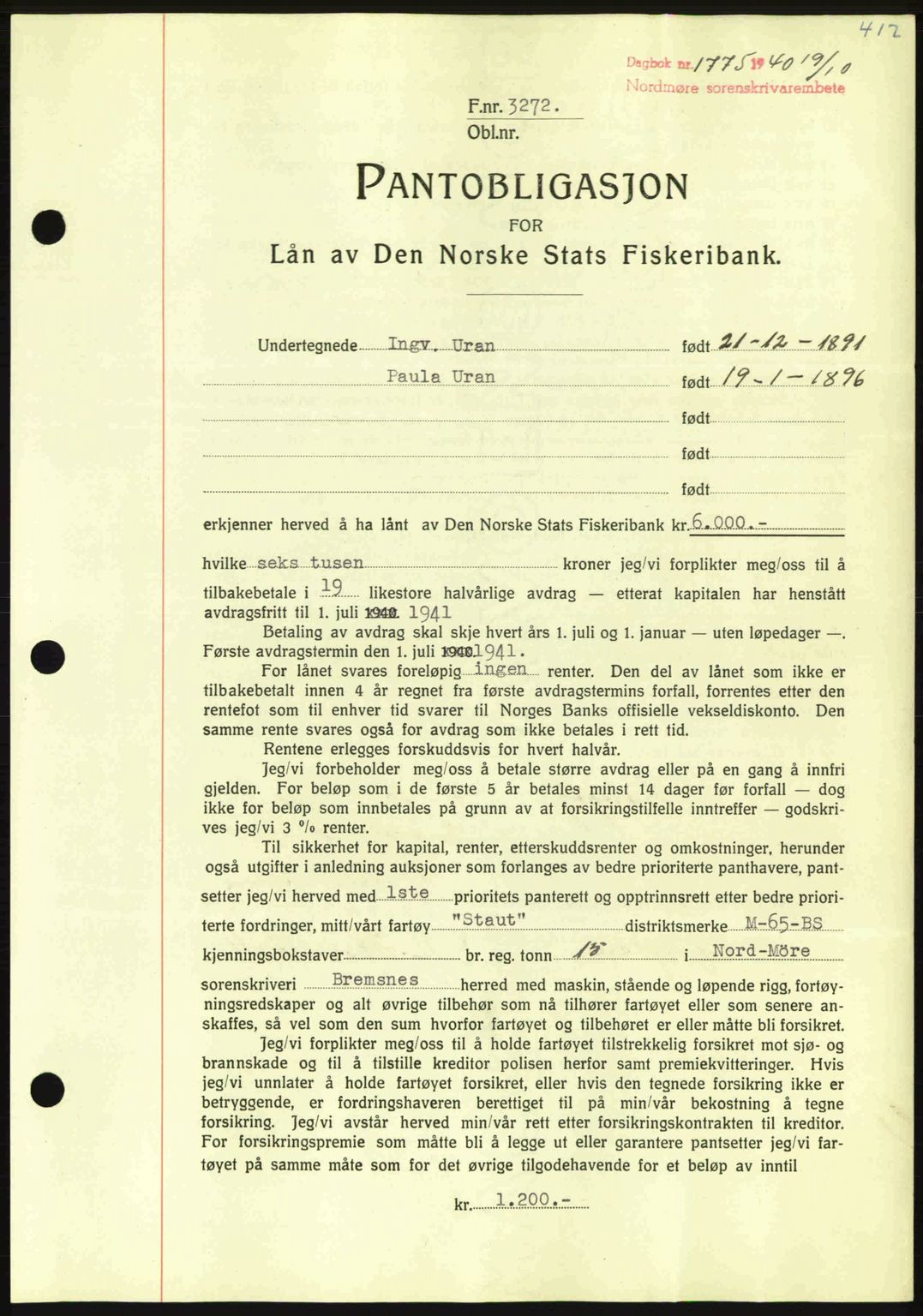 Nordmøre sorenskriveri, AV/SAT-A-4132/1/2/2Ca: Mortgage book no. B87, 1940-1941, Diary no: : 1775/1940