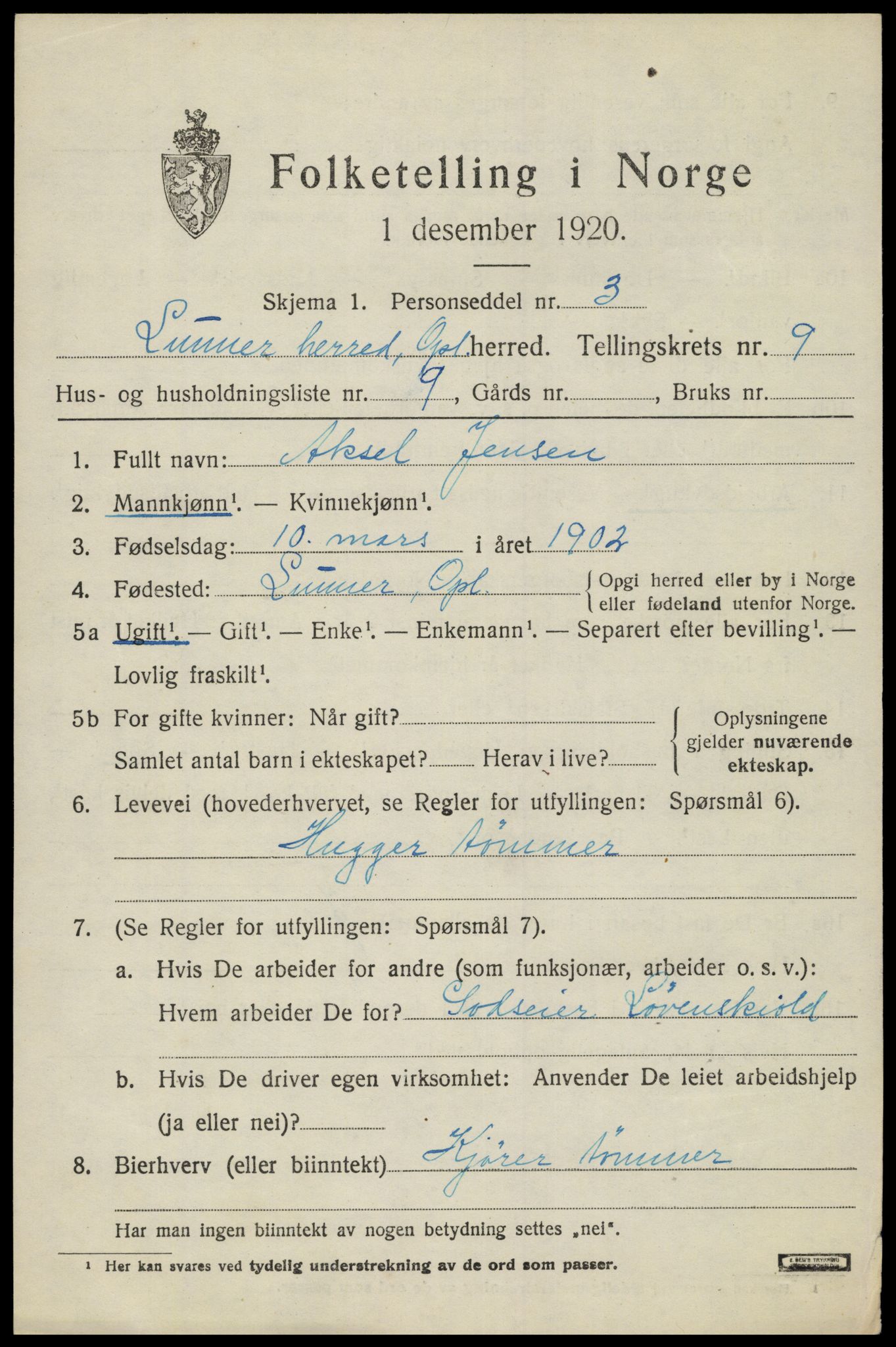 SAH, 1920 census for Lunner, 1920, p. 10487