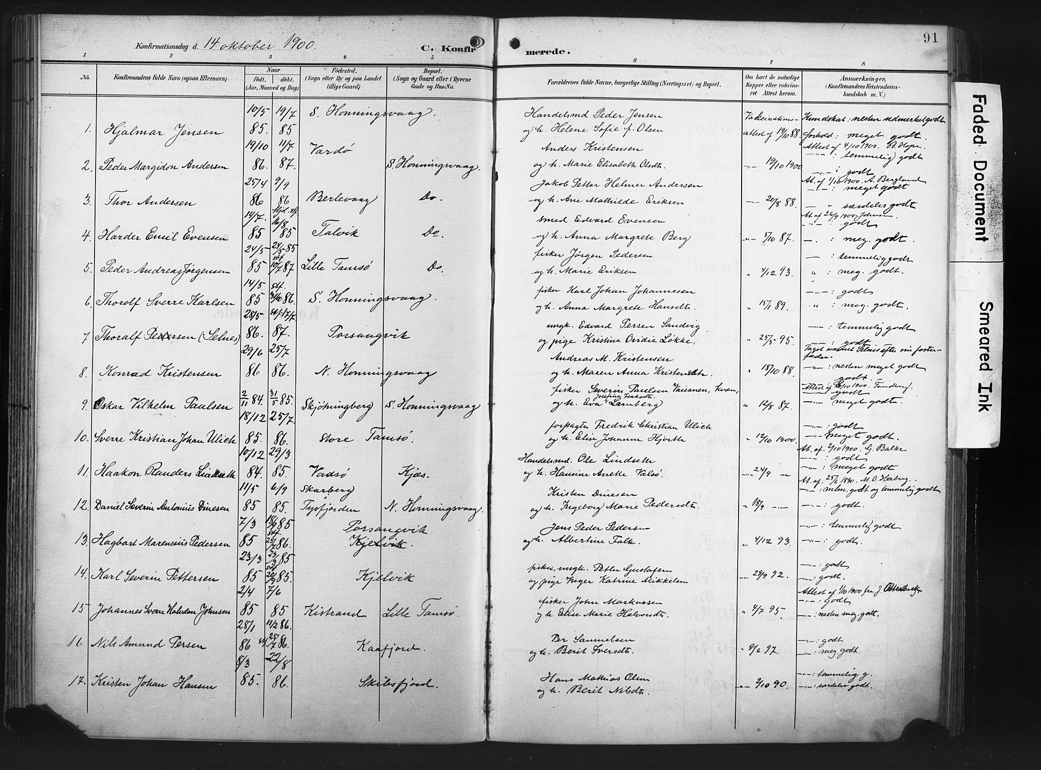Måsøy sokneprestkontor, SATØ/S-1348/H/Ha/L0008kirke: Parish register (official) no. 8, 1900-1910, p. 91