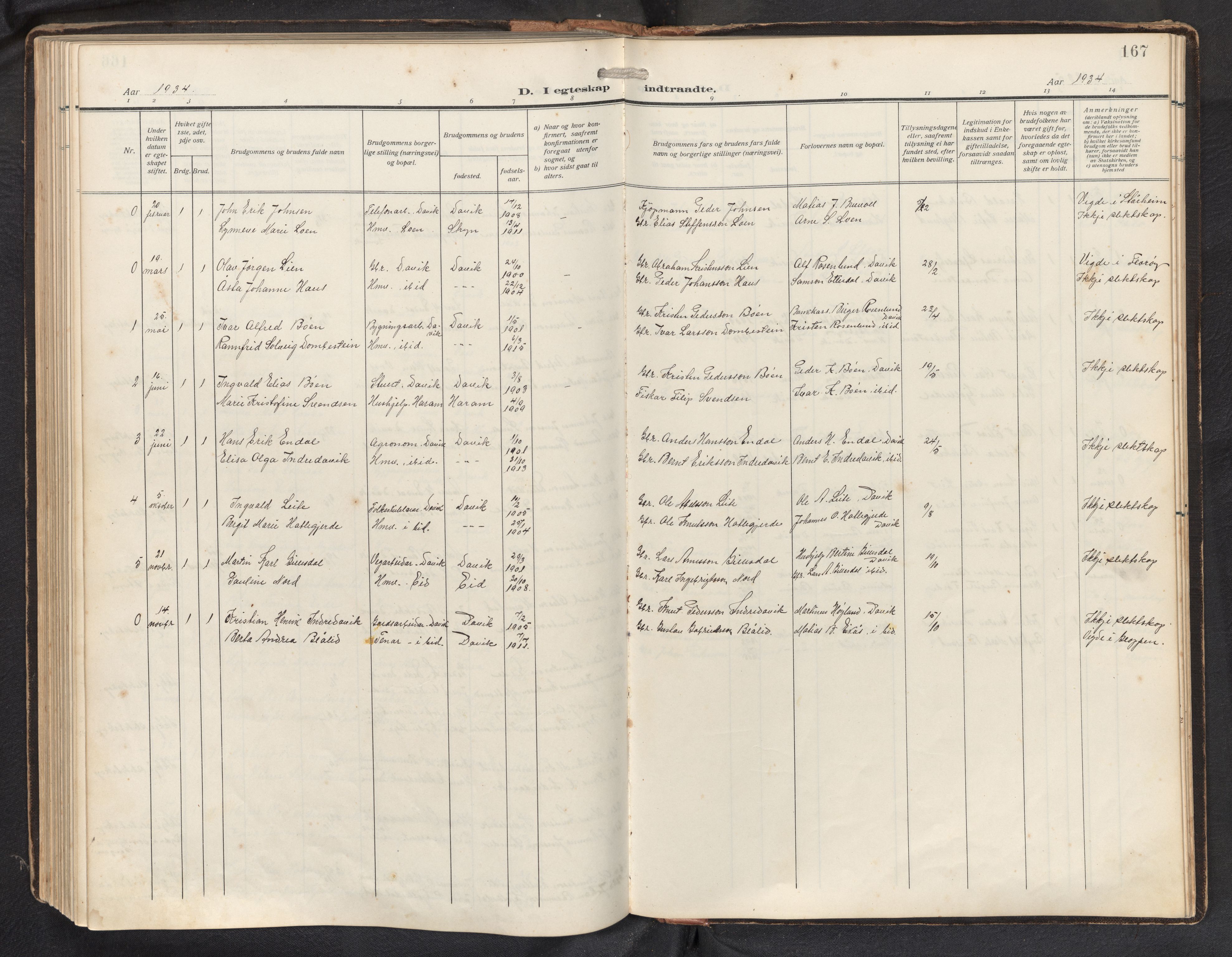 Davik sokneprestembete, AV/SAB-A-79701/H/Hab/Haba/L0003: Parish register (copy) no. A 3, 1912-1947, p. 166b-167a