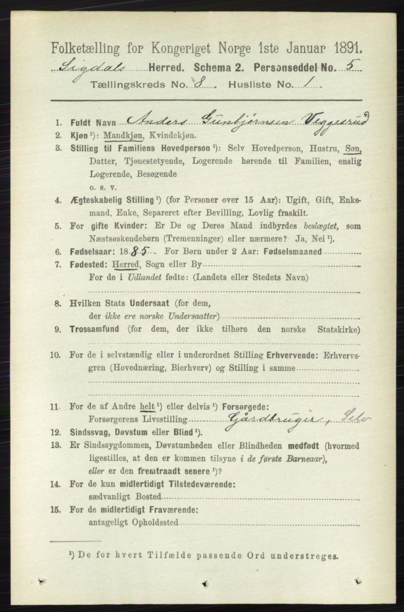 RA, 1891 census for 0621 Sigdal, 1891, p. 3181