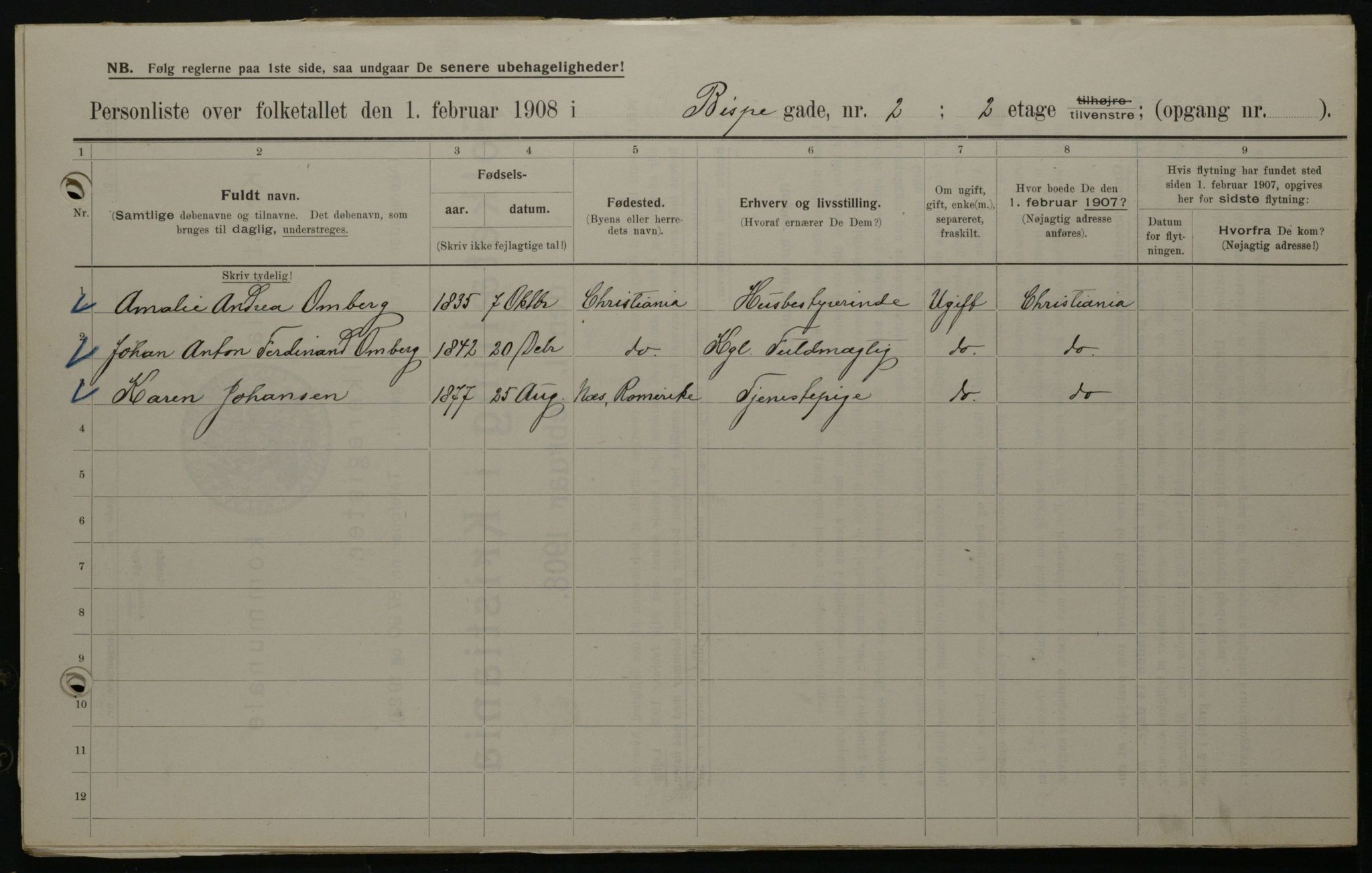 OBA, Municipal Census 1908 for Kristiania, 1908, p. 5257