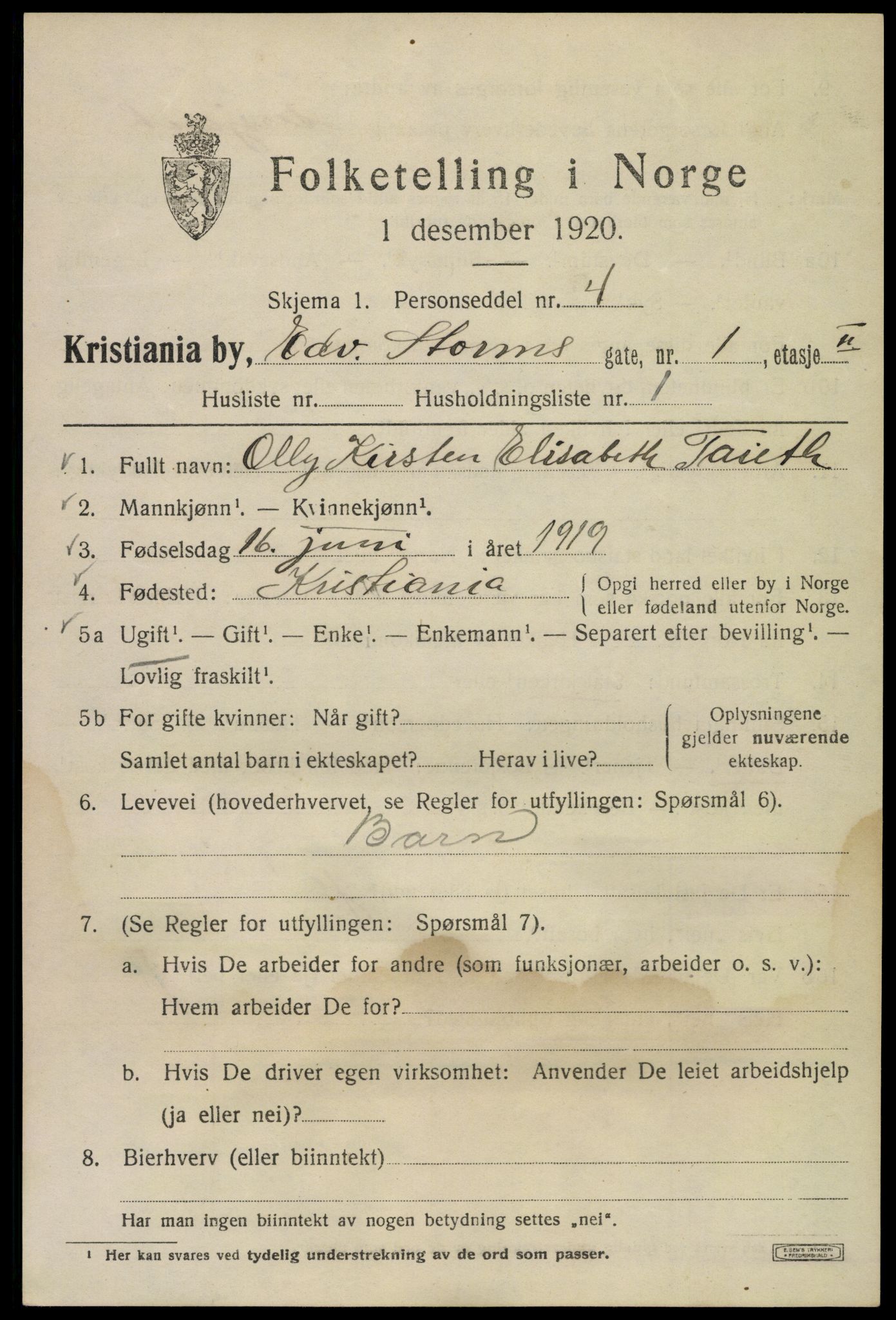 SAO, 1920 census for Kristiania, 1920, p. 209545