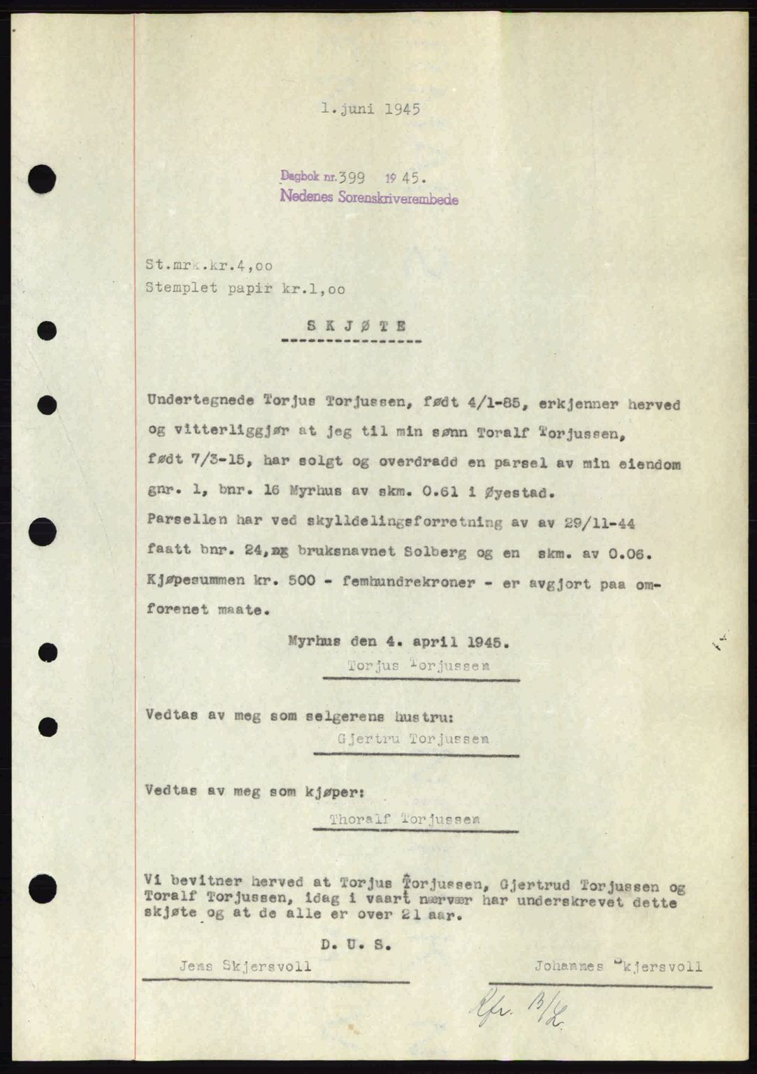 Nedenes sorenskriveri, AV/SAK-1221-0006/G/Gb/Gba/L0052: Mortgage book no. A6a, 1944-1945, Diary no: : 399/1945