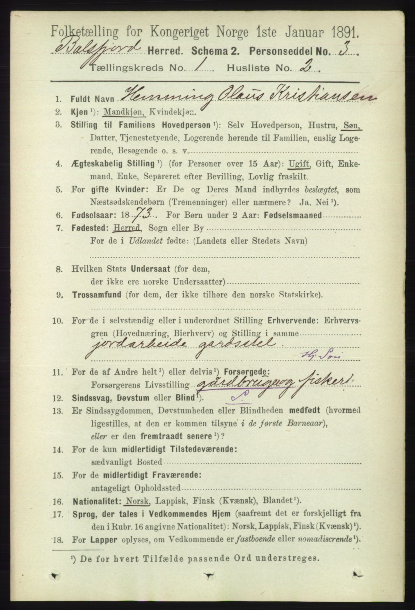 RA, 1891 census for 1933 Balsfjord, 1891, p. 83