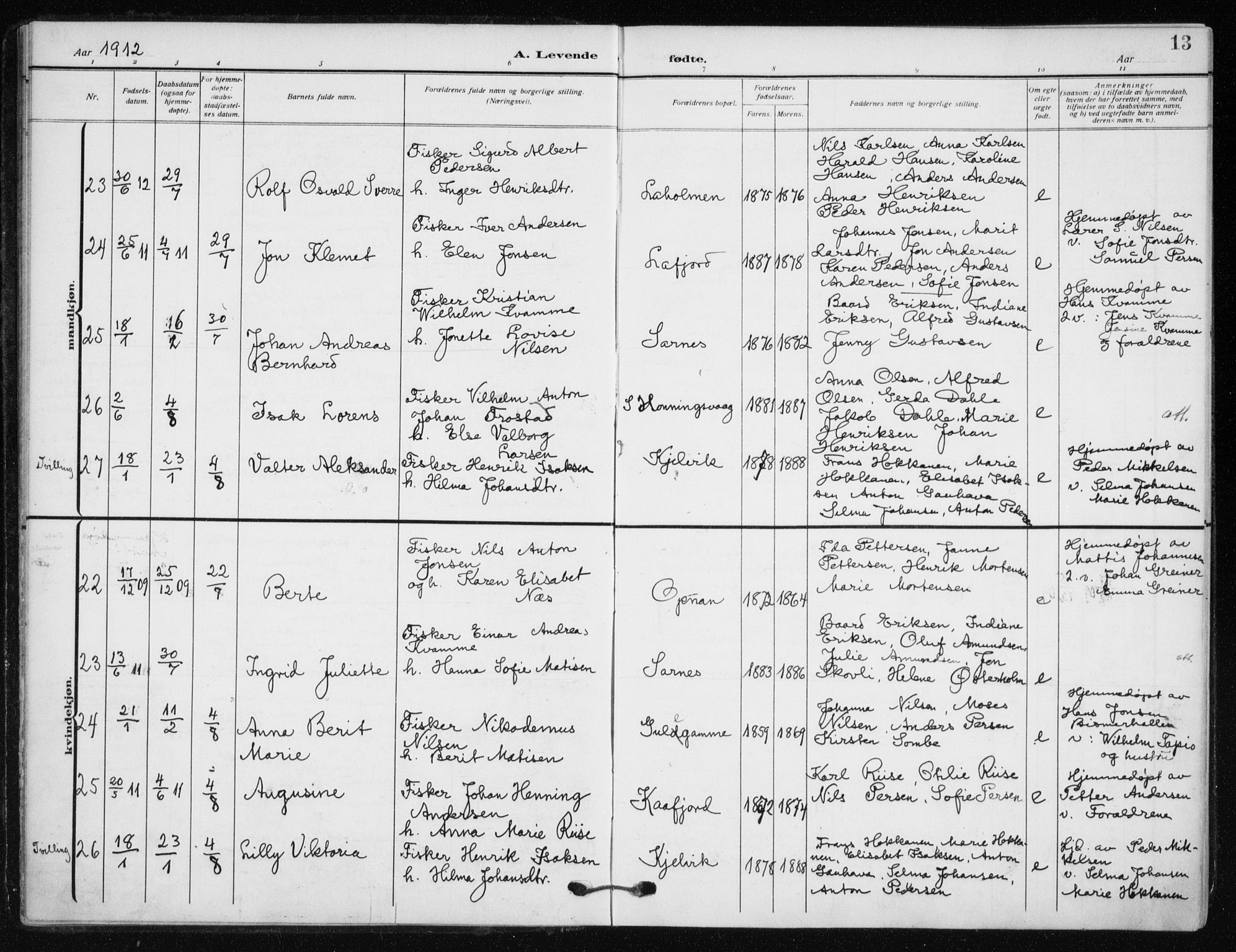 Kjelvik/Nordkapp sokneprestkontor, AV/SATØ-S-1350/H/Ha/L0001kirke: Parish register (official) no. 1, 1911-1919, p. 13