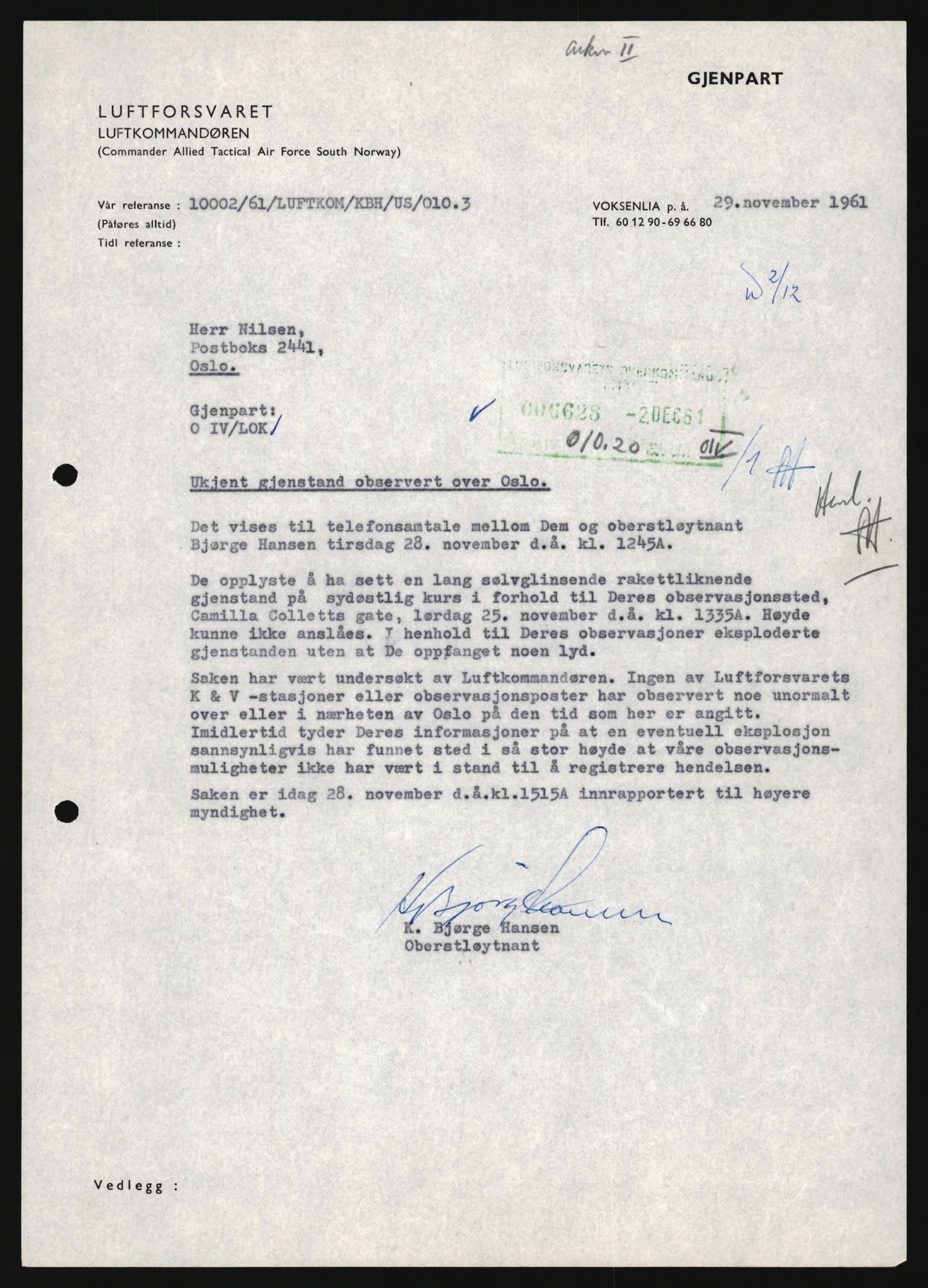 Forsvaret, Luftforsvarets overkommando/Luftforsvarsstaben, AV/RA-RAFA-2246/1/D/Da/L0124/0001: -- / UFO OVER NORSK TERRITORIUM, 1954-1970, p. 267