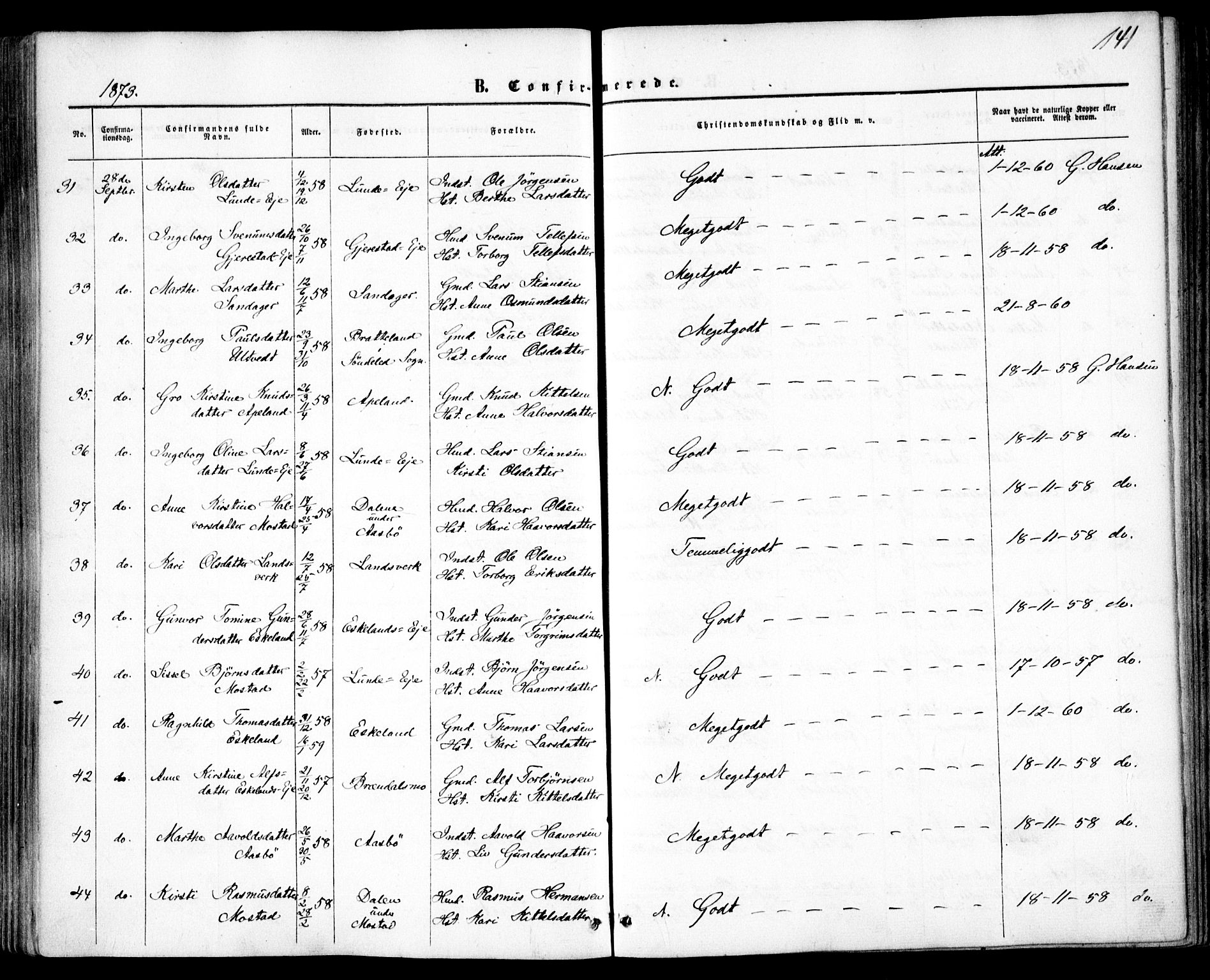 Gjerstad sokneprestkontor, AV/SAK-1111-0014/F/Fa/Faa/L0007: Parish register (official) no. A 7, 1858-1875, p. 141