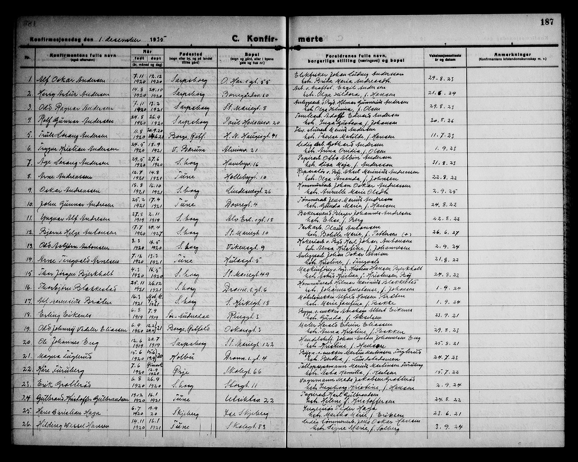 Sarpsborg prestekontor Kirkebøker, AV/SAO-A-2006/G/Ga/L0005: Parish register (copy) no. 5, 1932-1950, p. 187