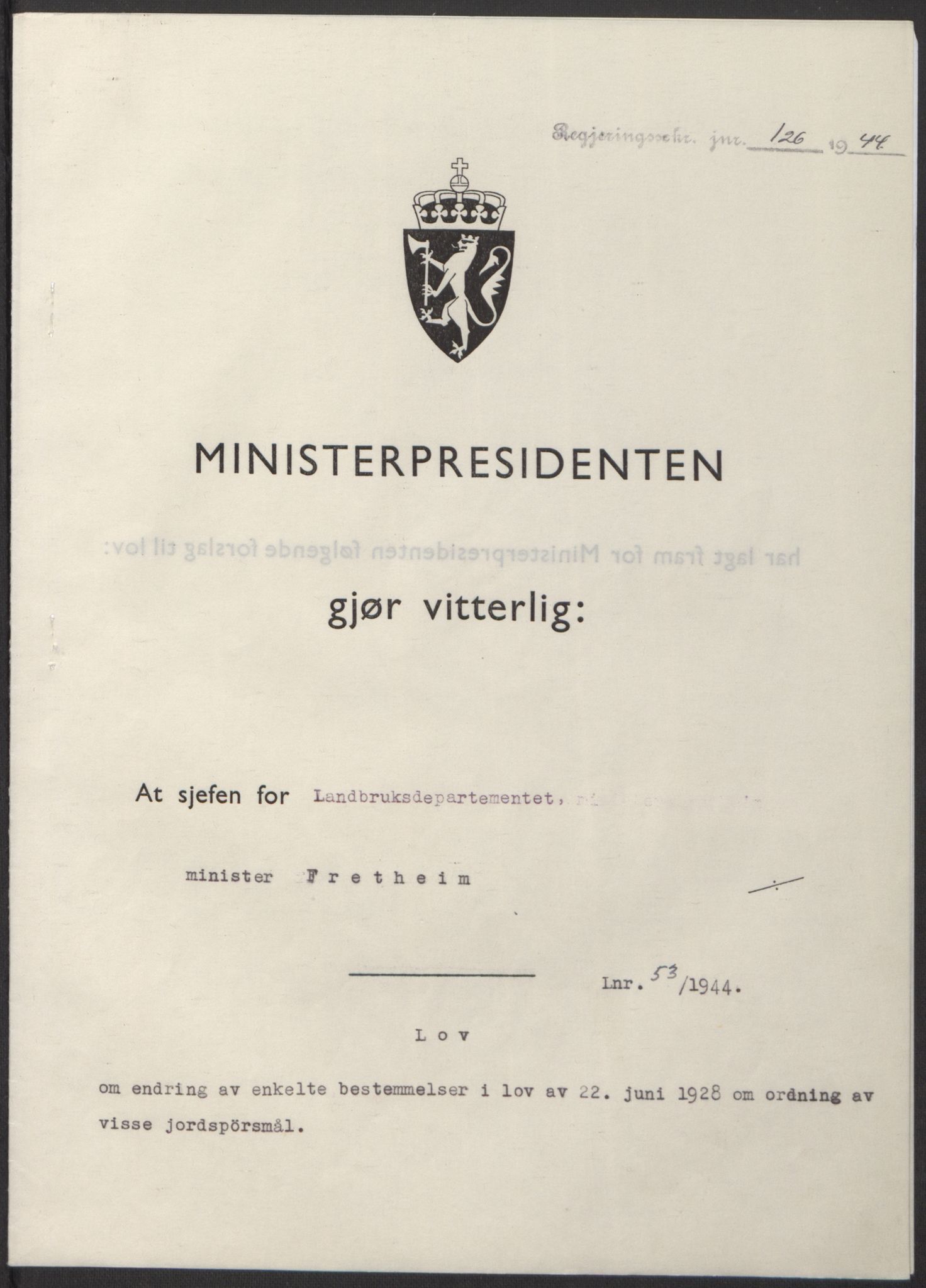 NS-administrasjonen 1940-1945 (Statsrådsekretariatet, de kommisariske statsråder mm), RA/S-4279/D/Db/L0100: Lover, 1944, p. 247