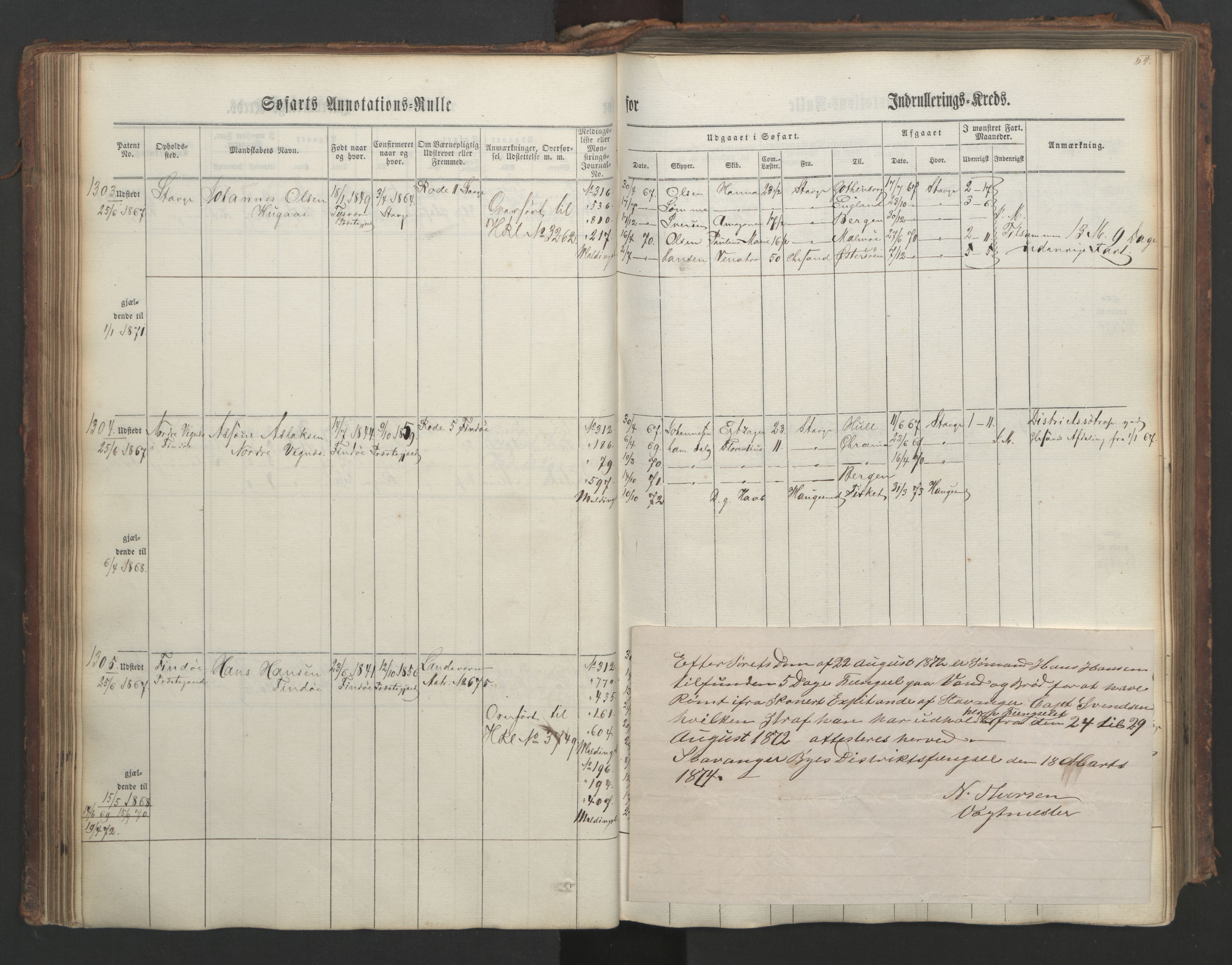 Stavanger sjømannskontor, AV/SAST-A-102006/F/Ff/L0003: Annotasjonsrulle, patentnr. 1144-1761, 1866, p. 66