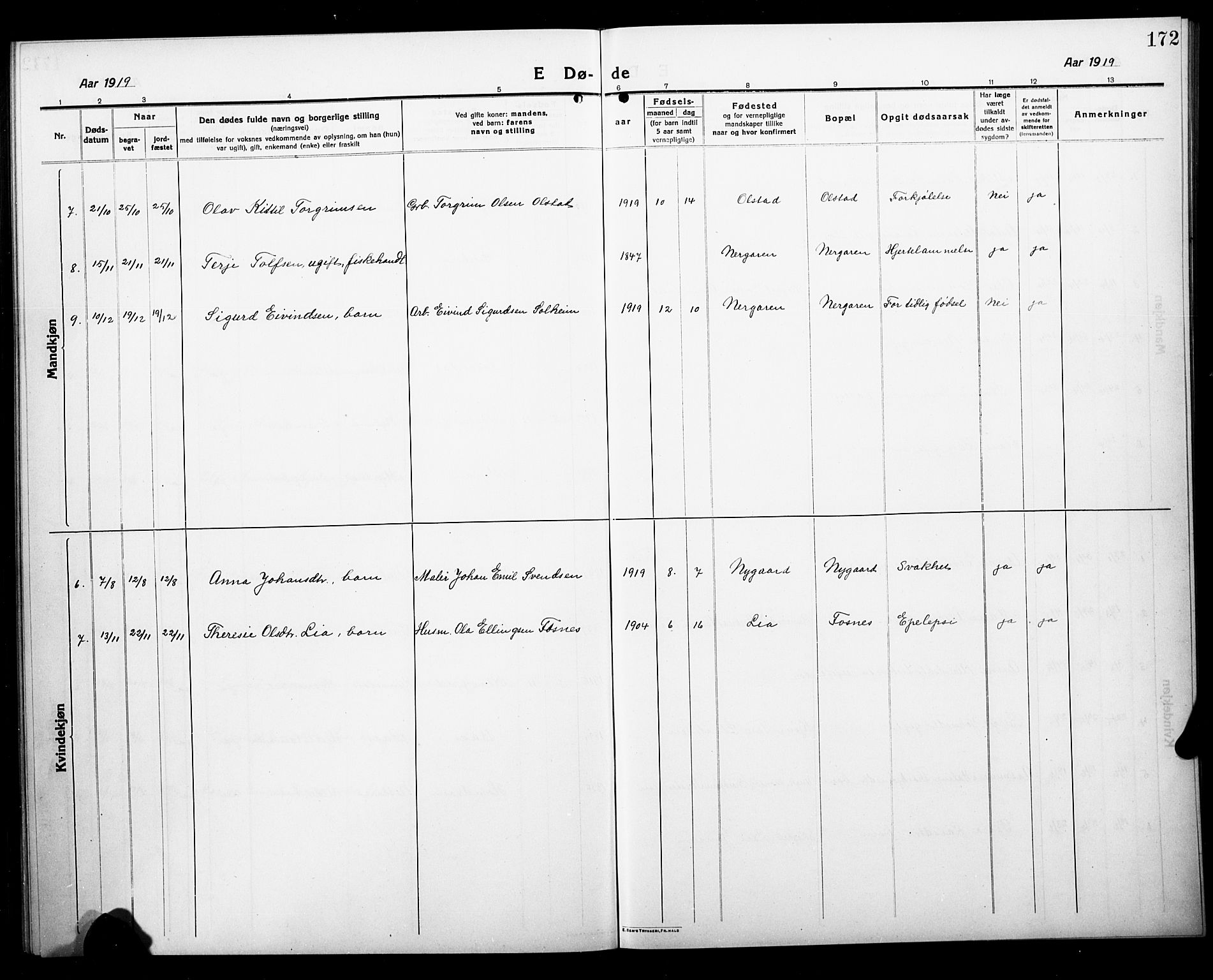 Åmli sokneprestkontor, AV/SAK-1111-0050/F/Fb/Fbc/L0006: Parish register (copy) no. B 6, 1915-1929, p. 172