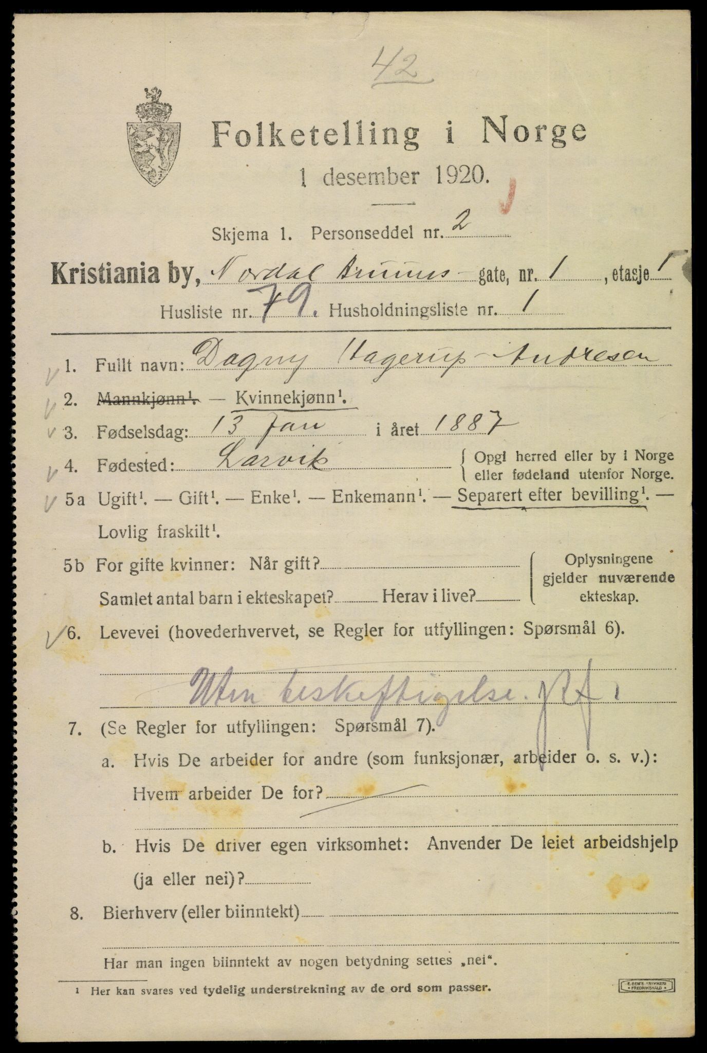 SAO, 1920 census for Kristiania, 1920, p. 420917