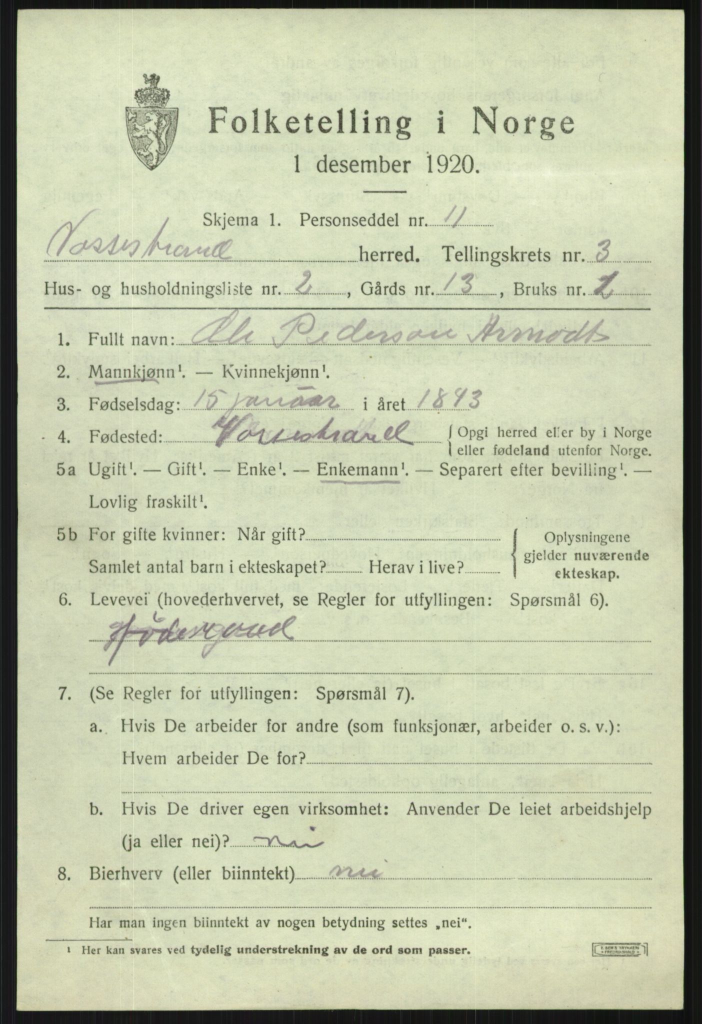 SAB, 1920 census for Vossestrand, 1920, p. 1462